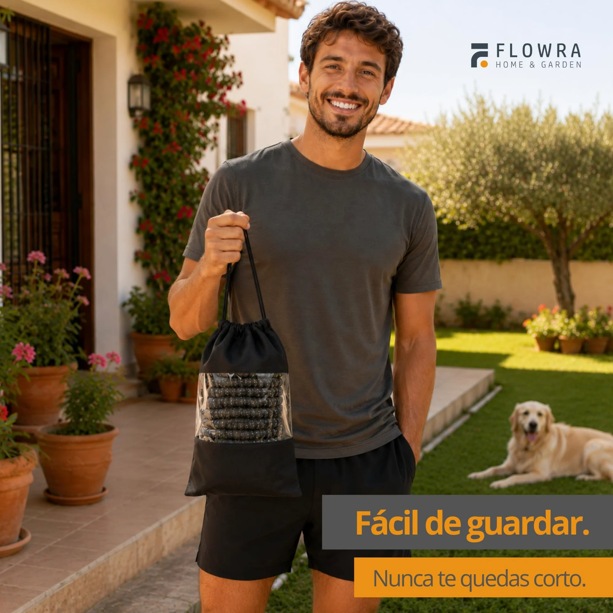Manguera extensible de 15 metros, manguera jardin extensible de poliéster resistente 3300D, con conectores de latón y pistola con depósito de jabón, incluye set con colgador y bolsa de almacenaje