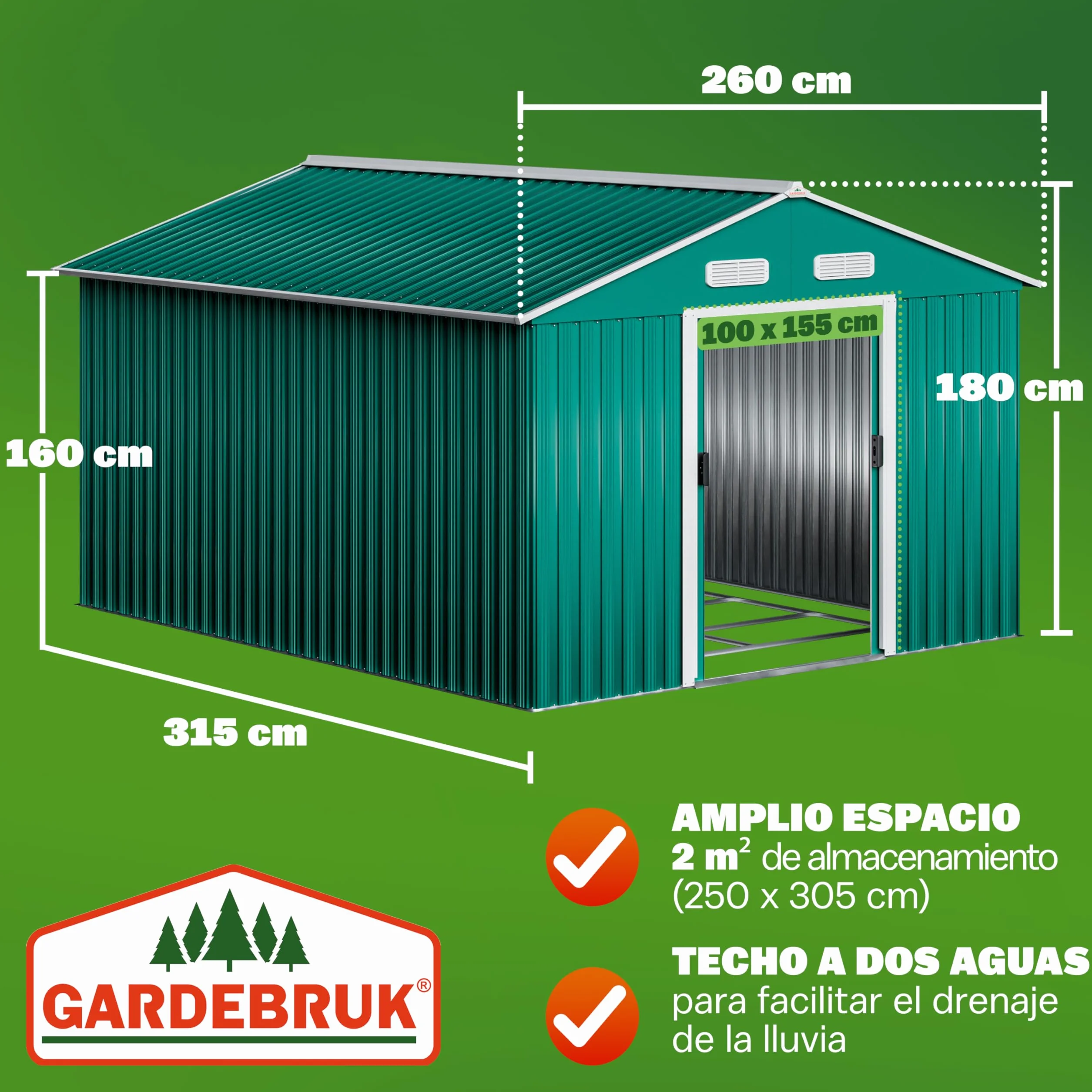GARDEBRUK® Cobertizo de Jardín 8 m² 312x257x178 cm Caseta Metálica Exterior 15m³ con Base Puerta Corrediza Verde