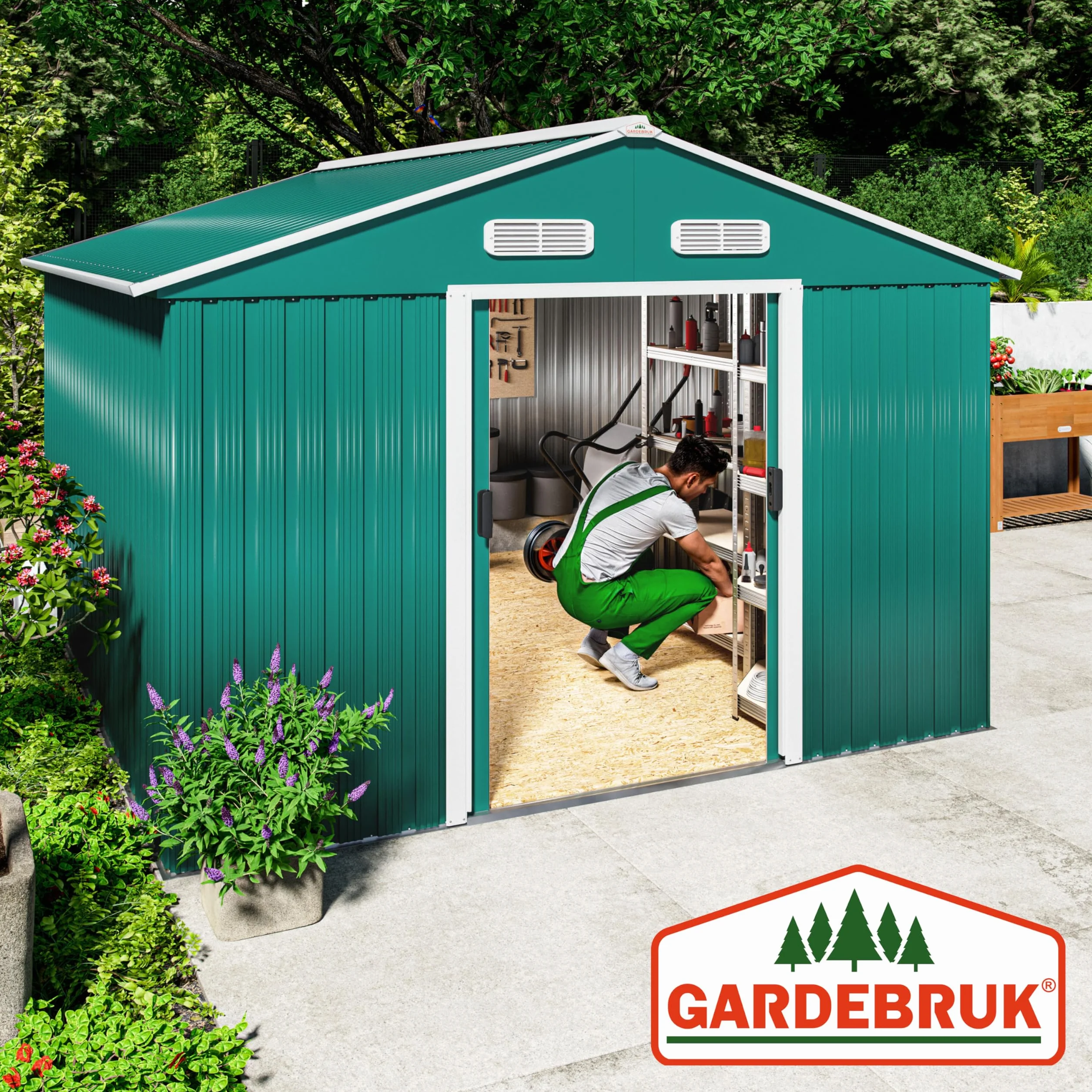 GARDEBRUK® Cobertizo de Jardín 8 m² 312x257x178 cm Caseta Metálica Exterior 15m³ con Base Puerta Corrediza Verde