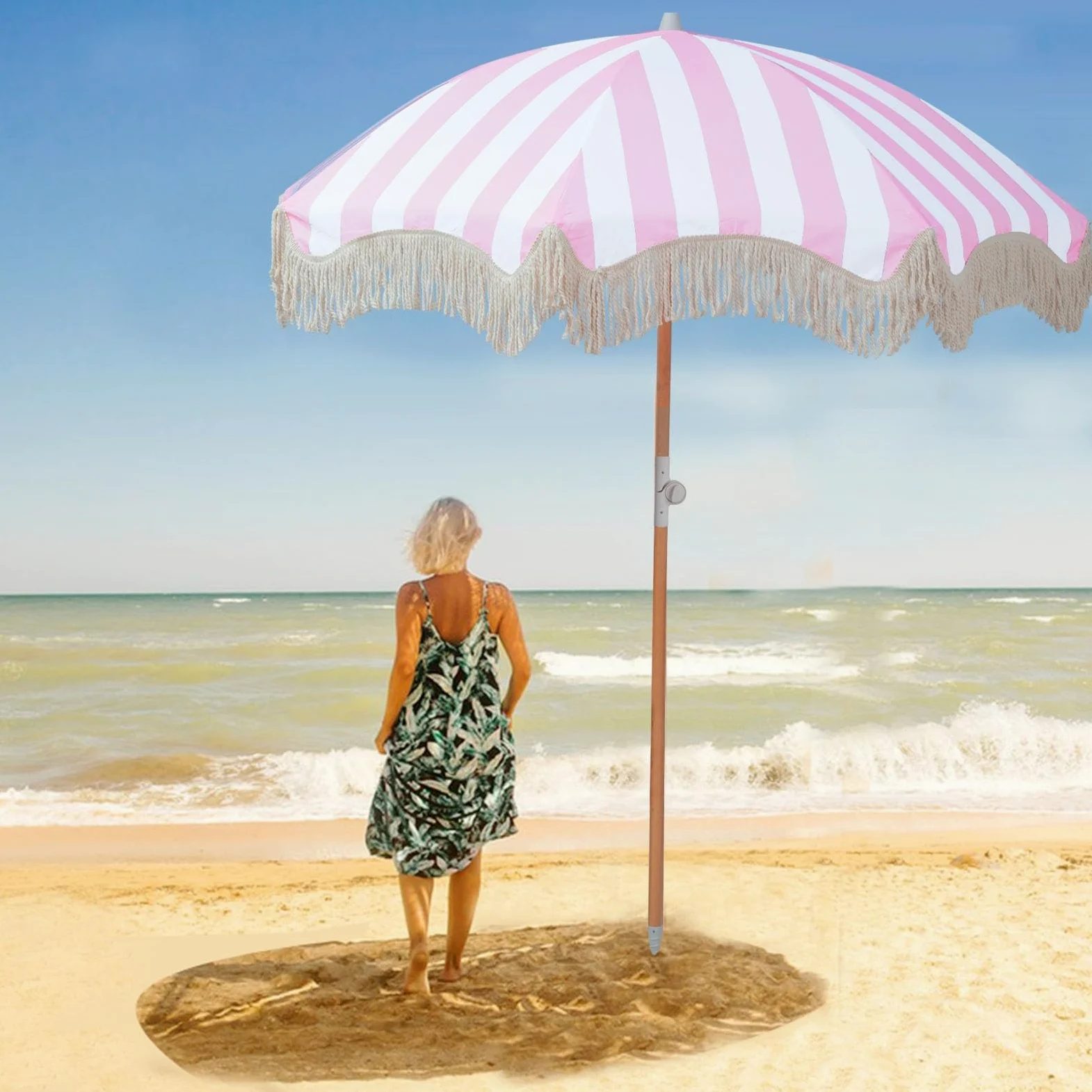 Sombrilla De Playa Grande Antiviento 2m Rosa Sombrillas Terraza Parasol De Jardín Anti UV Parasol Terraza De Jardín Sombrilla Jardin Exterior Con Borlas Para Piscina Balcón Y Césped