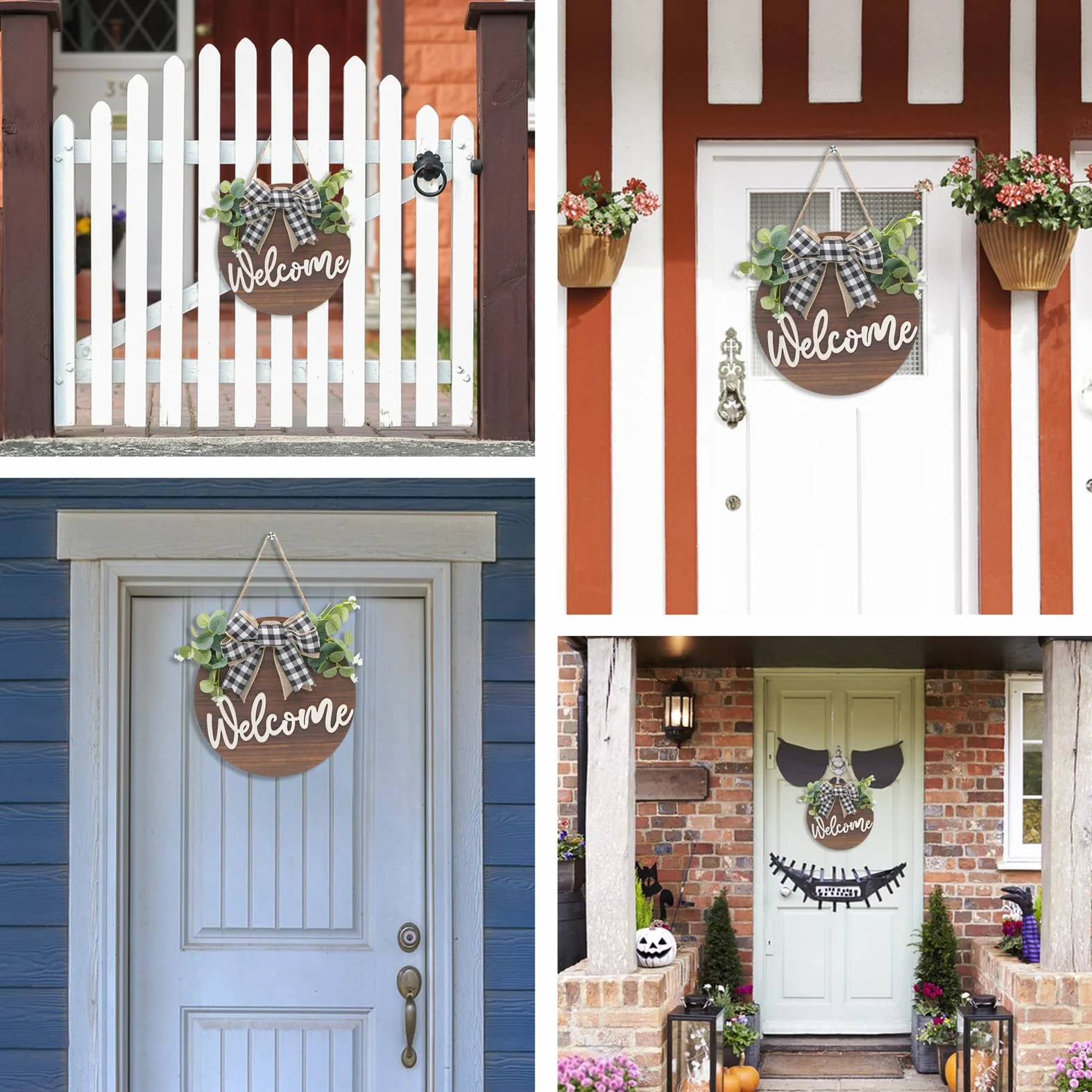 Letrero de Bienvenida Puerta Frontal Señal Madera Redonda Colgante Coronas de Bienvenida con Lazo y Flores para Casa de Campo Porche Decoración de La Puerta Delantera, 30 x 30 cm