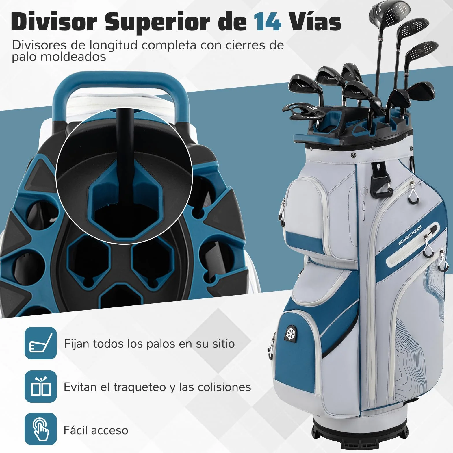 COSTWAY Bolsa Golf 14 Divisores 9 Bolsillas Cremallera Nevera Bolsillo Correa Acolchada Soporte Paraguas Capucha Lluvia Carro Palos