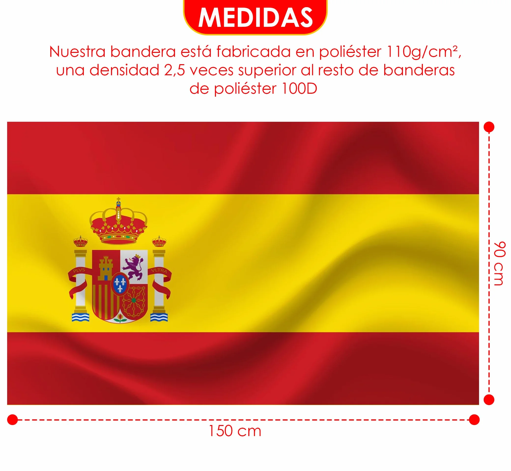Bandera Exterior 150x90 cm. Bandera Poliéster Reforzado 110g/m² y 2 Ojales de Metal. Para Balcón, Jardín, Eventos Deportivos. Incluye: Pintacaras y Pegatinas. Mundial 2026 (SP_P)