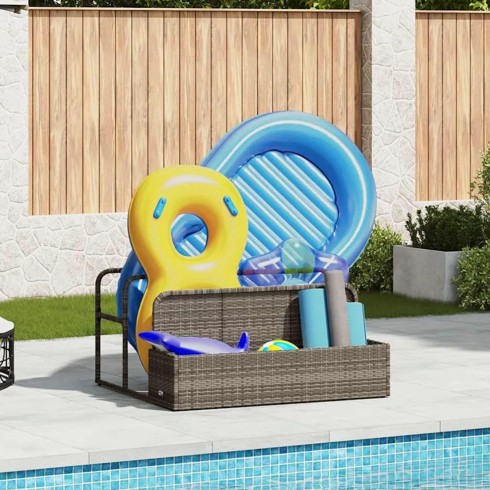 vidaXL Flotador a bordo piscina gris 110 x 100 x 57 cm de poliratán, depósito a bordo piscina, cesta de almacenamiento a bordo piscina, carro para piscina al aire libre