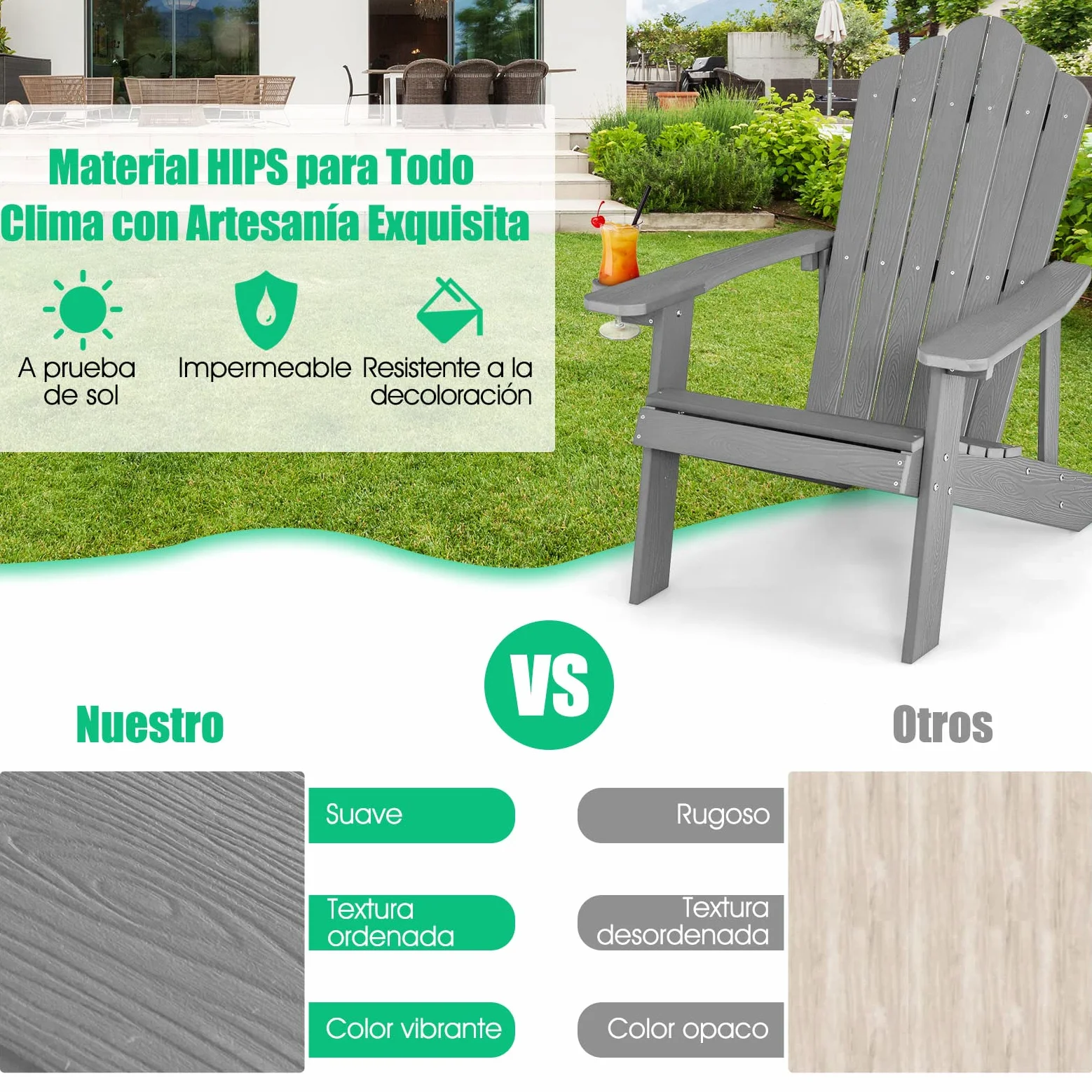 COSTWAY 2 Sillas Adirondack con Portavasos, Sillas para Hogueras, Resistente a la Intemperie, Grano de Madera Realista, Facíl de Montaje, Silla de Exterior para Patio, Jardín, Terraza (GIRS,2)