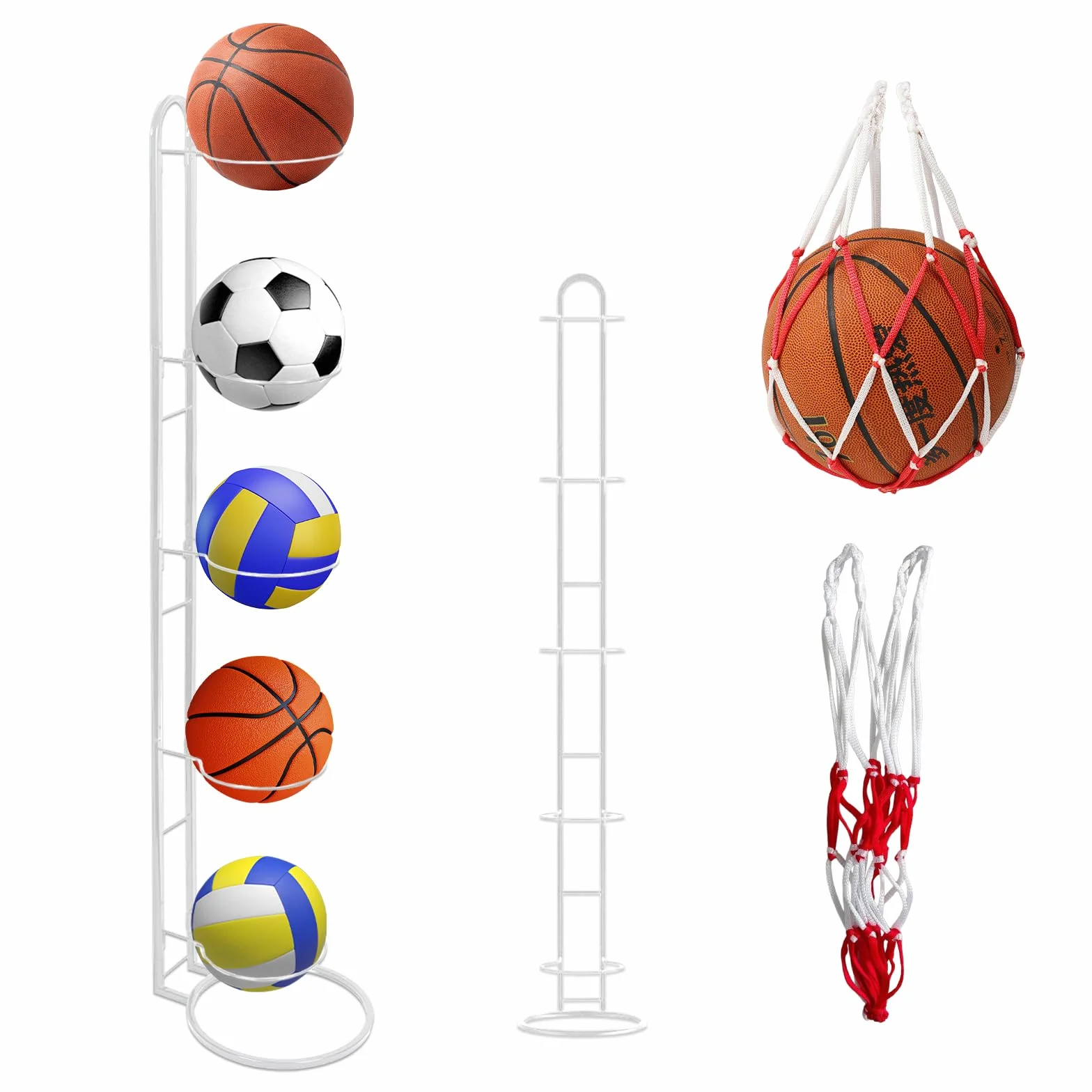Soporte Balón Fútbol 5 Niveles Vertical con Bolsillo Malla Almacenamiento Hierro Extraíble Estable Baloncesto Fútbol Voleibol