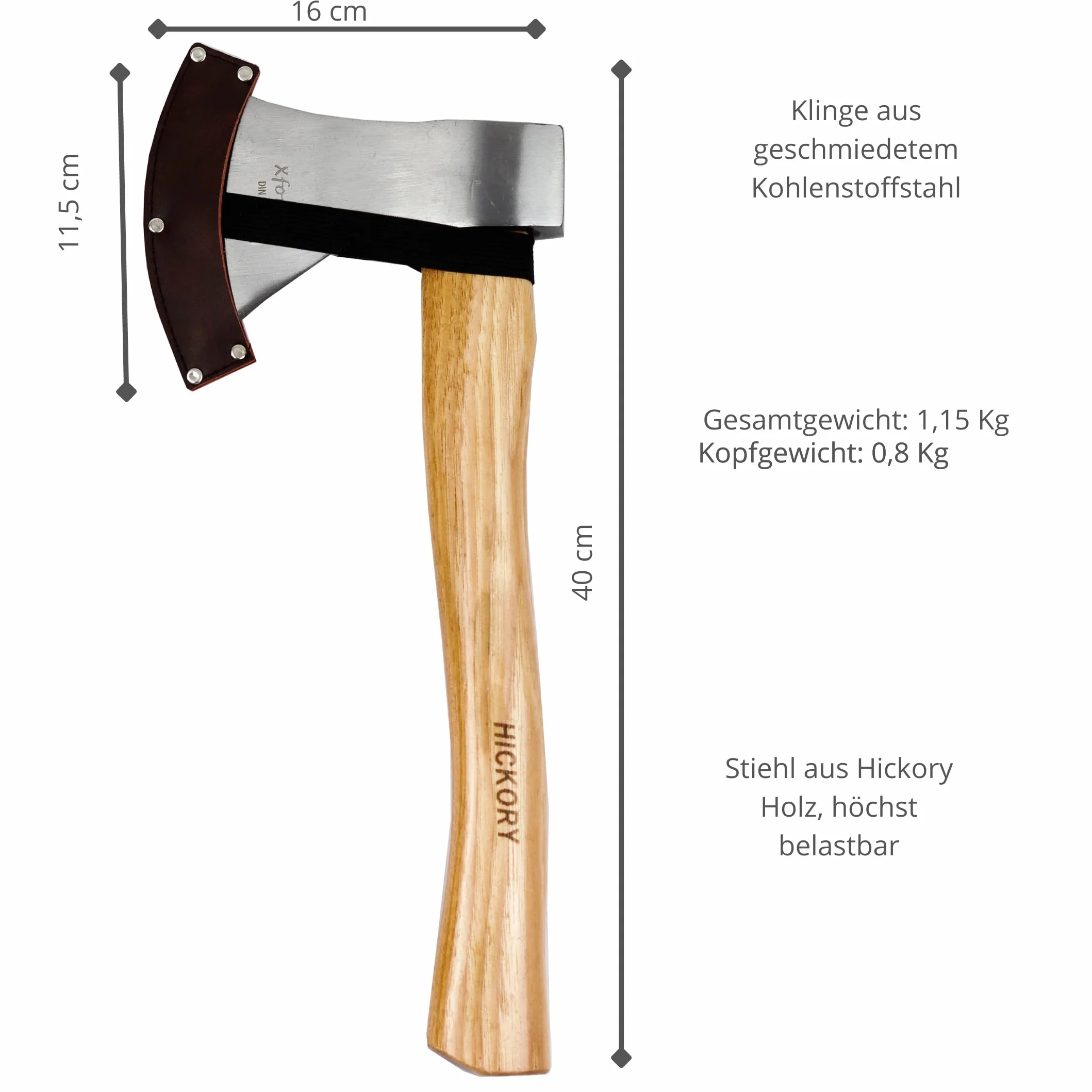 Xforst Hacha de Mano para Leña, Camping y Jardín, Hoja de Acero al Carbono con Mango de Madera de Hickory, Cabeza 800 g, 40,5 cm, Conforme a DIN 5131 y TÜV/GS, con Funda Protectora, X-UW800C
