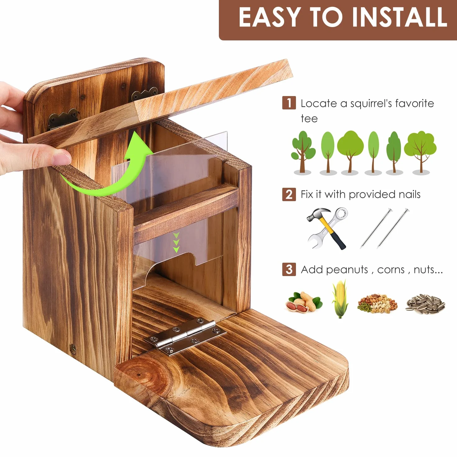 MIXXIDEA Caja de alimentación de ardillas de madera, resistente casa de alimentación de ardillas con grosor de madera de 1,5 cm, no requiere montaje, para patio trasero y jardín exterior (1 unidad)