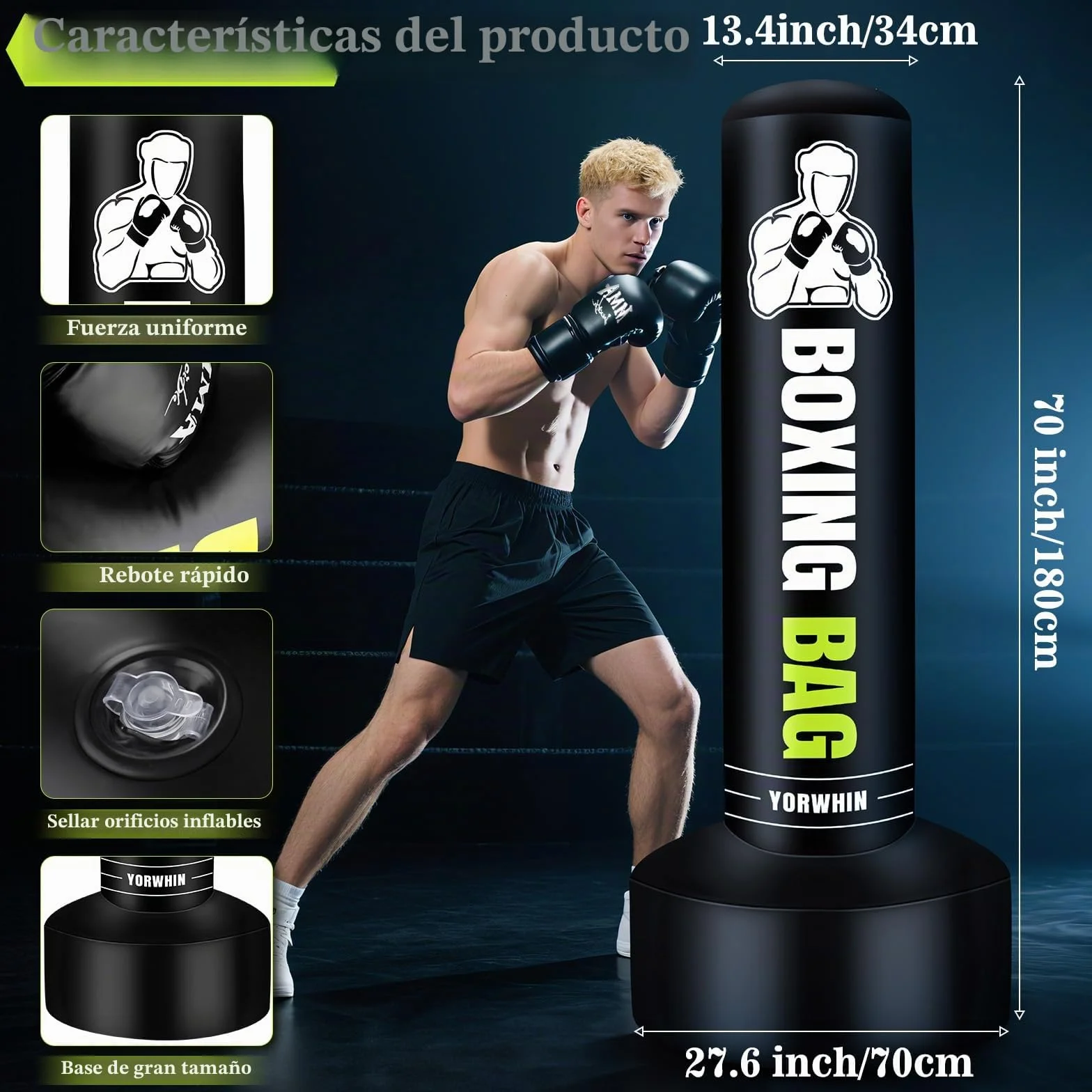 YORWHIN Pesado Saco de Boxeo Adultos con Guantes de Boxeo, Freestanding Saco Boxeo Inflable Kickboxing Boxeo Bolsa para Entrenamiento MMA Muay Thai