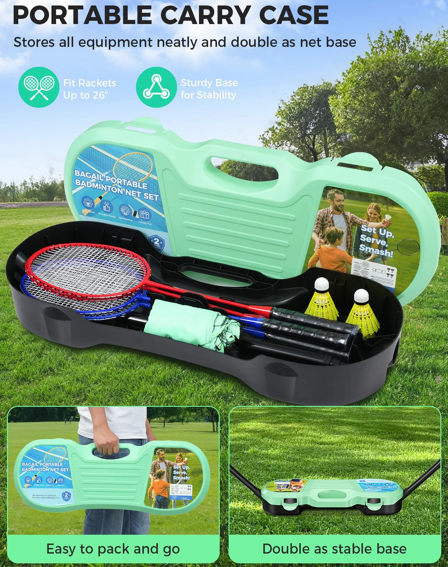 BAGAIL Conjunto de Red de Bádminton Portátil con 4 Raquetas y 4 Volantes