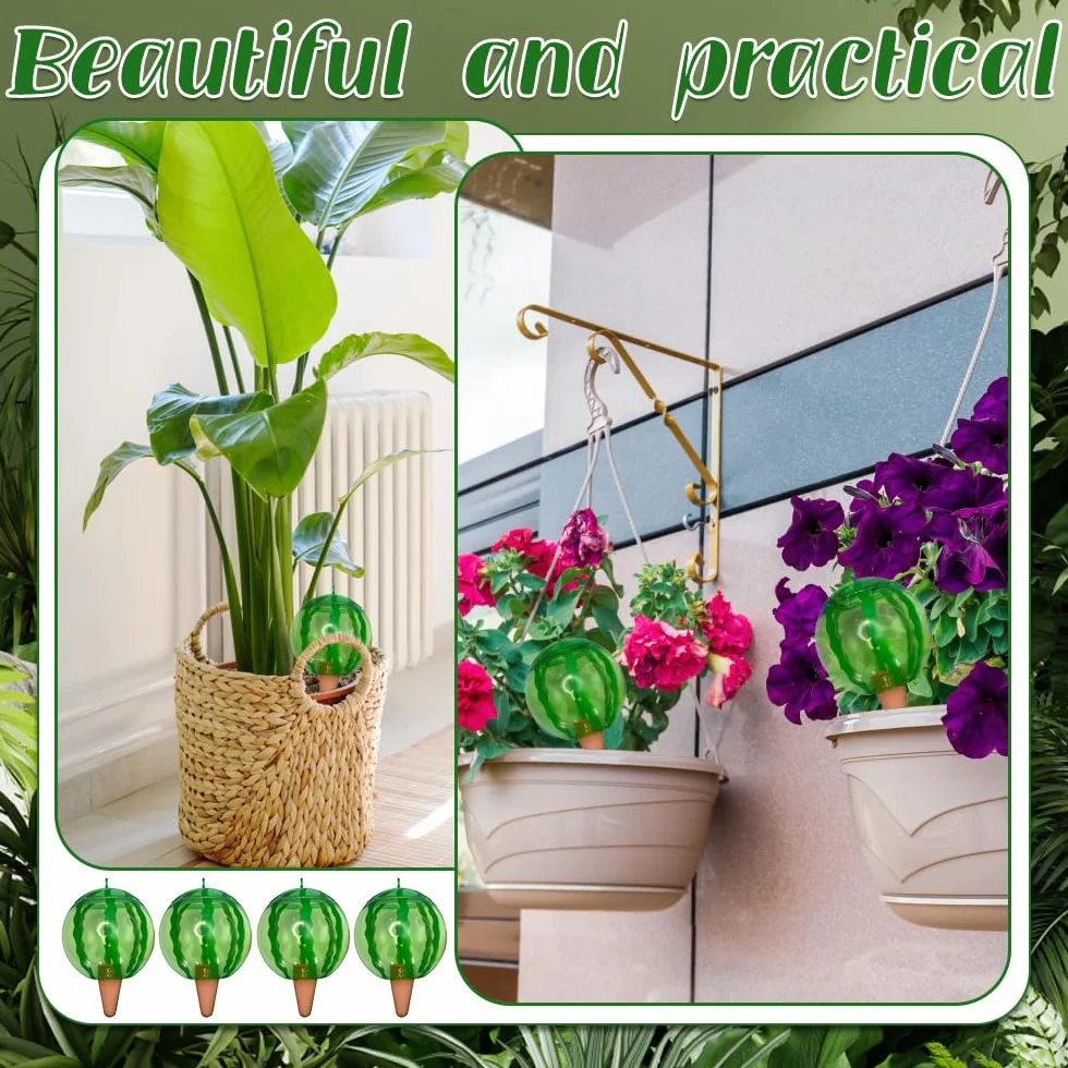 4 Pieza Riego automatico macetas, Regar Plantas Vacaciones, Diseño con Forma de sandíao, Bola de riego para Plantas Apta para Varias macetas (1Pieza x 500 ml)