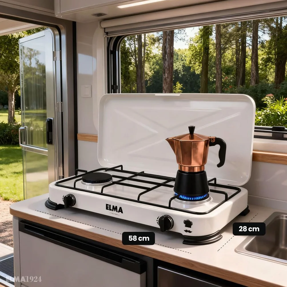 ELMA Cocina a Gas Portátil 2 Fuegos – Compacta y Ligera, Ideal para Camping, Caravanas y Uso en Casa | Compatible con Gas Butano y Propano, Incluye Instrucciones de Montaje | 58 x 28 x 5,5 cm