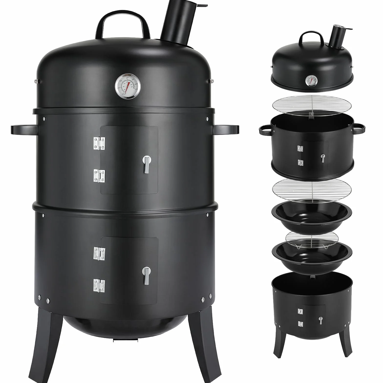 TLGREEN Horno Ahumador, Ahumador 3 en 1, Ahumador con Chimenea, Barbacoa de Carbón, con Termómetro, 2 Rejillas de Acero Inoxidable (φ 37,5 cm), Barbacoa Ahumadora para Ahumar, Asar y Cocinar