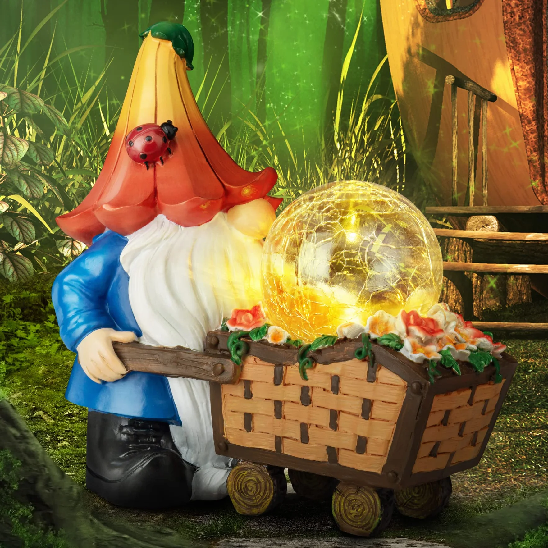 Gnomos de jardín para decoración al Aire Libre, gnomos solares, estatuas de Garden, decoración de jardín con orbe mágico con Luces LED, gnomo al Aire Libre para Patio