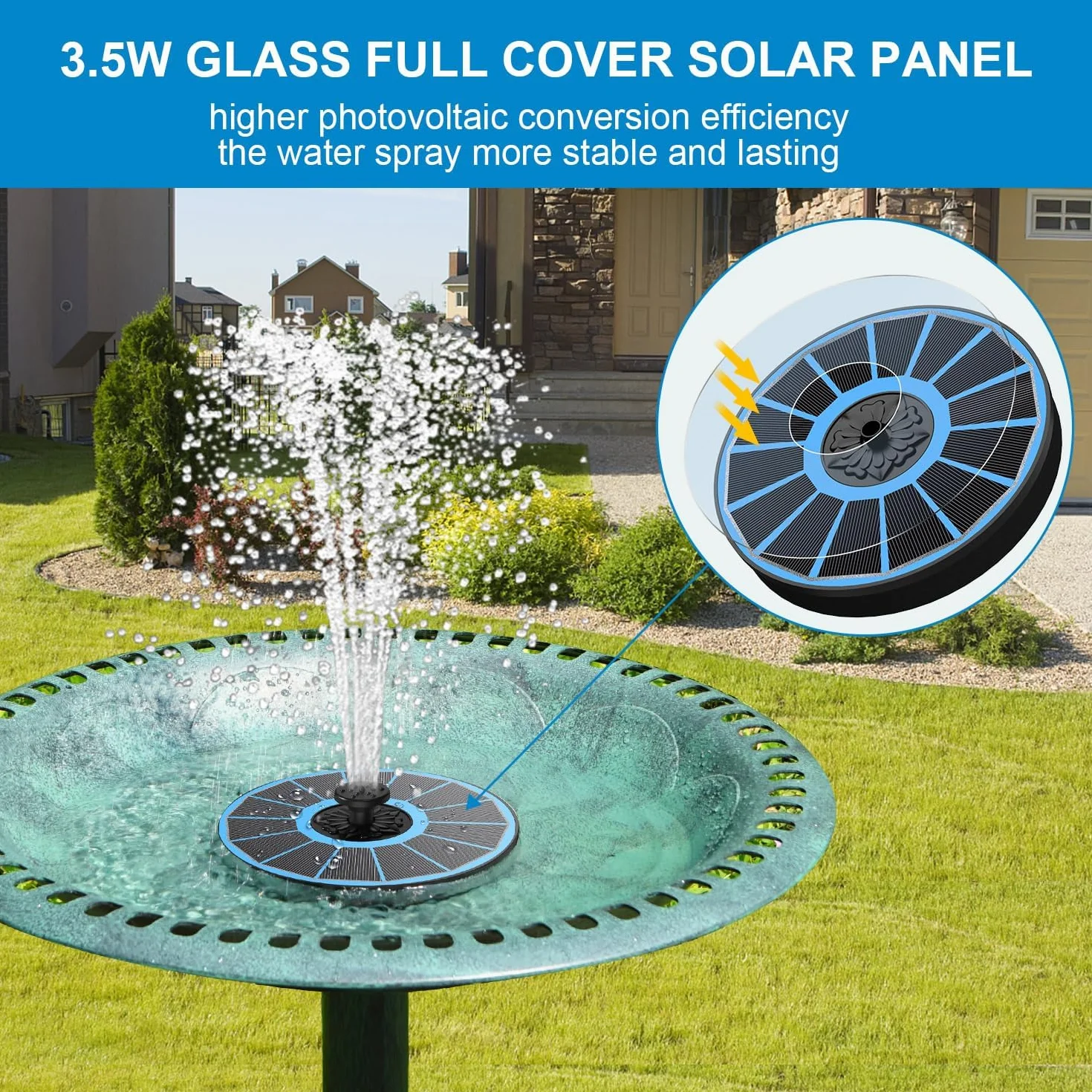 SZMP Fuente Solar con 2000mAh Batería, 2025 Nuevo 3.5W Bomba de Agua Solar - Trabajar en días Nublados - 8 Boquillas y 4 Fijadores, para Estanque de Jardín Fuente, Baño para Pájaros, Piscina