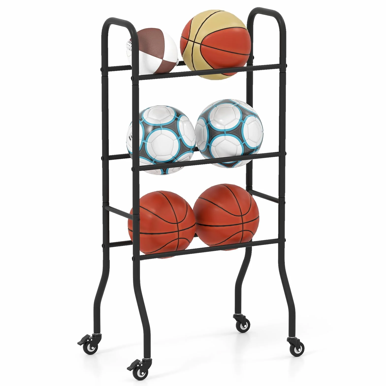Estantería de Baloncesto 3 Niveles, Carro con 4 Ruedas Universales, Estructura Metálica, Organizador Deportivo para Fútbol y Voleibol