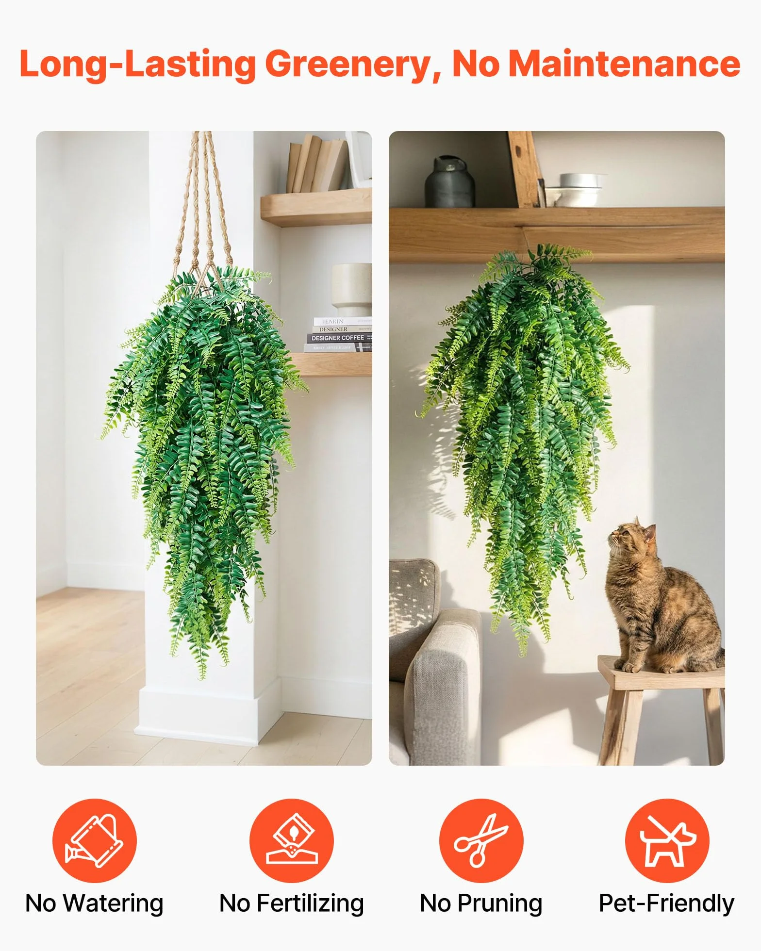 VEVOR Helechos Artificiales Paquete de 12, Helechos de Boston Artificiales Colgantes Longitud de 813 mm, Hojas de Seda y LDPE sin Maceta para Interior y Exterior Porche Balcón Hogar Decoración Jardín