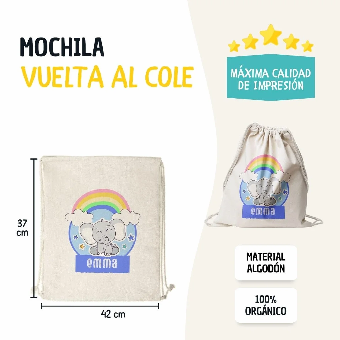 Mochila Personalizada Algodón Diseño Infantil Bolso Saco con Cuerdas Hecho en España