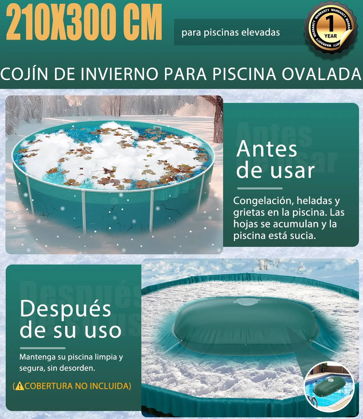 Angooni Cojín de piscina de invierno elíptico, 210 × 300 cm, XXL, cojín de aire para piscina con doble costura para cubrir la piscina, cojín para el invierno con válvula de inflación dual Boston
