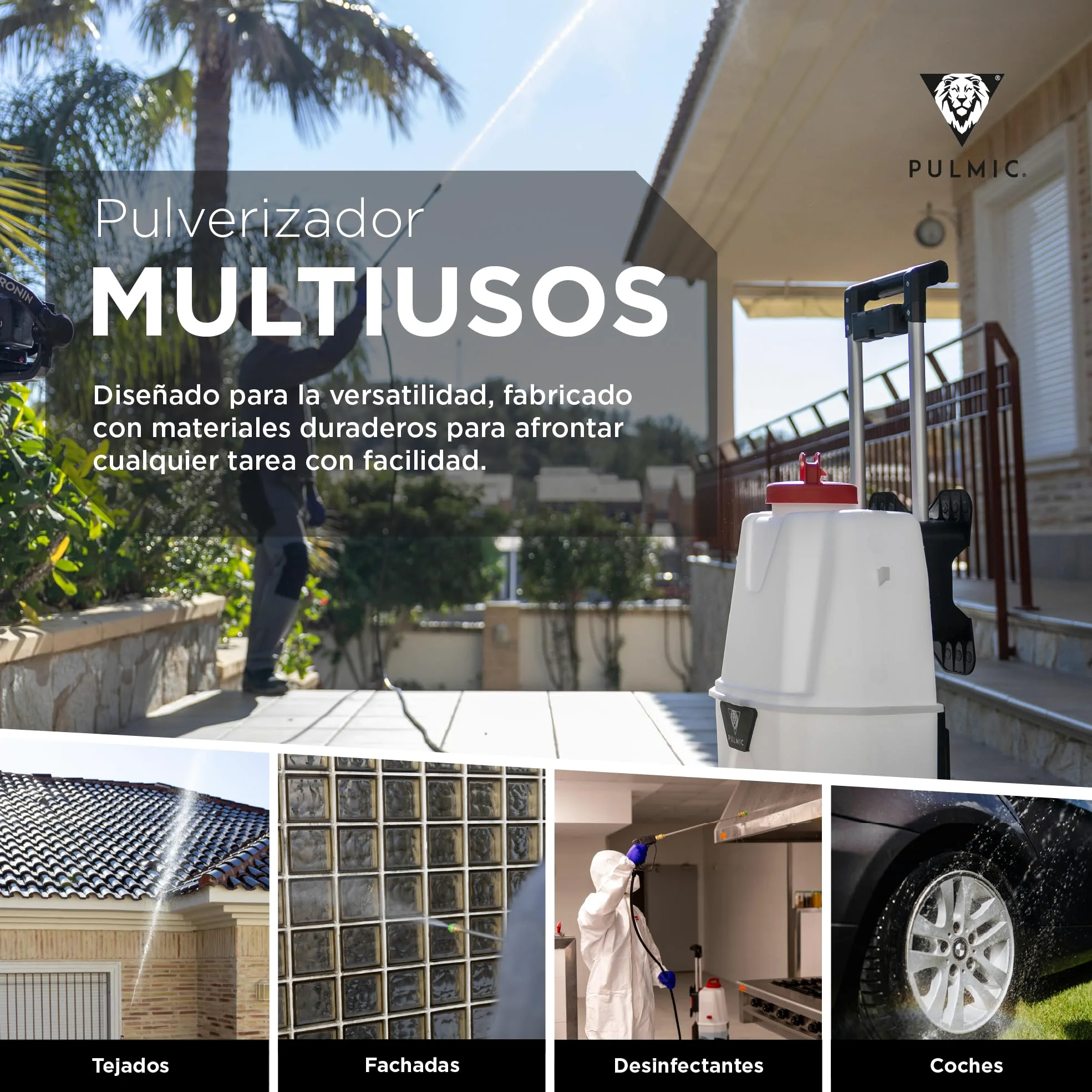 Pulmic Pulverizador a Presión Eléctrico Industrial 35L, 2 Baterías Litio 18V, 7 Bares, 3 Velocidades, Manguera 6M, Boquillas Rápidas, Pulverizador Químicos, Limpieza Tejados, Fachadas y Superficies