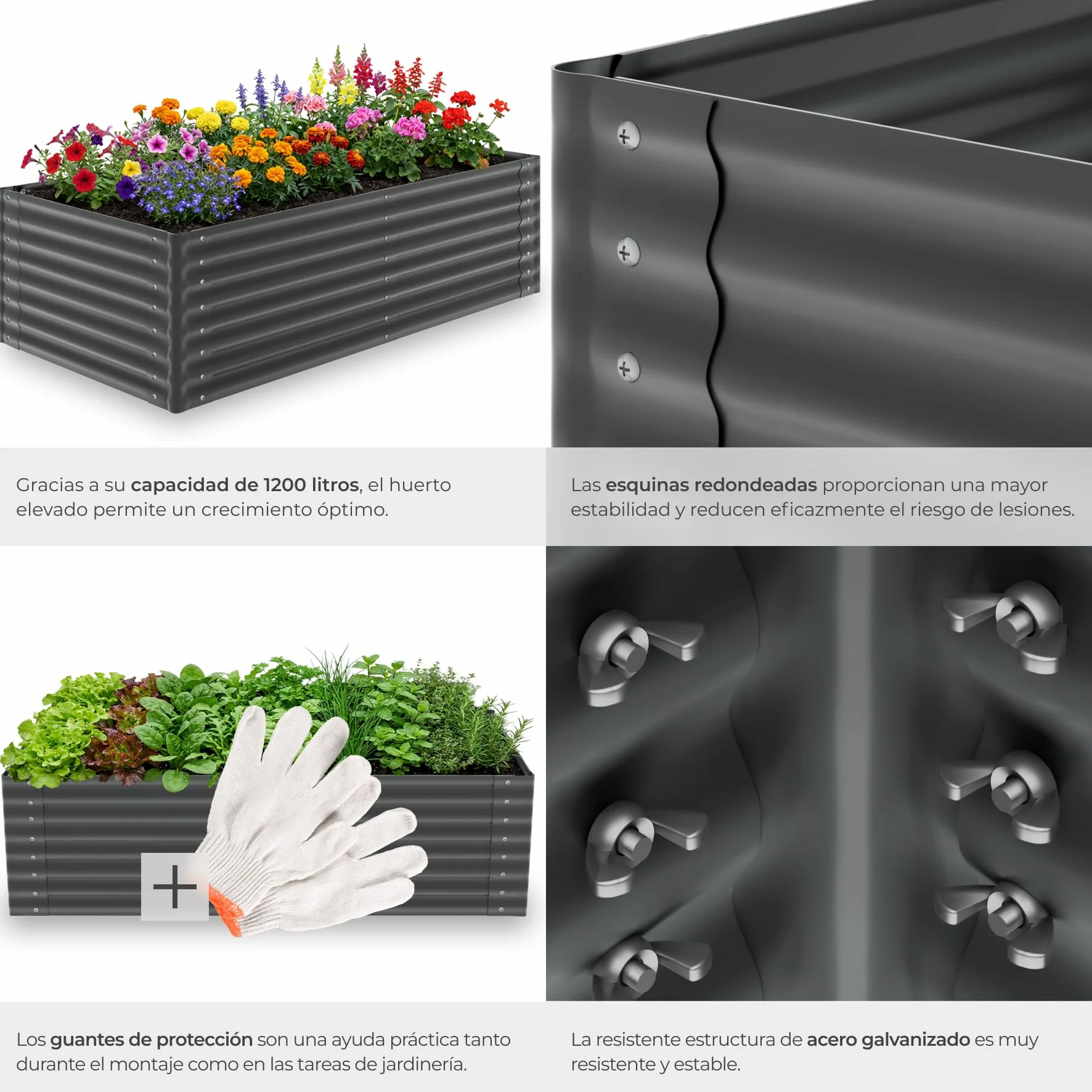 tectake® Bancal Elevado de 200 x 100 x 62 cm, 1200L, para Huerto Urbano, Jardineras Exterior Grandes, Maceteros Grandes Exterior, Jardin, Macetero Grande, con Guantes, Suelo Abierto, Malla Metalica