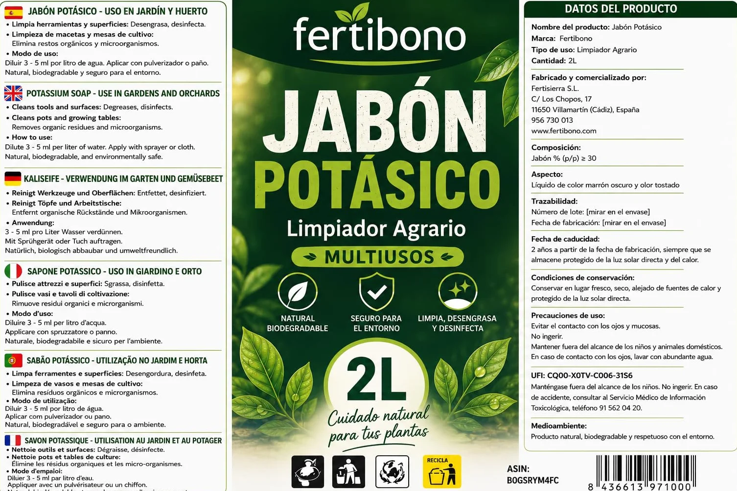 FERTIBONO FLORANIM Multiuso - Jabón Potásico 2L + Aceite de Neem 500 ml para Plantas, Huerto y Jardín - Pack Concentrado para Diluir en Agua y Pulverizar