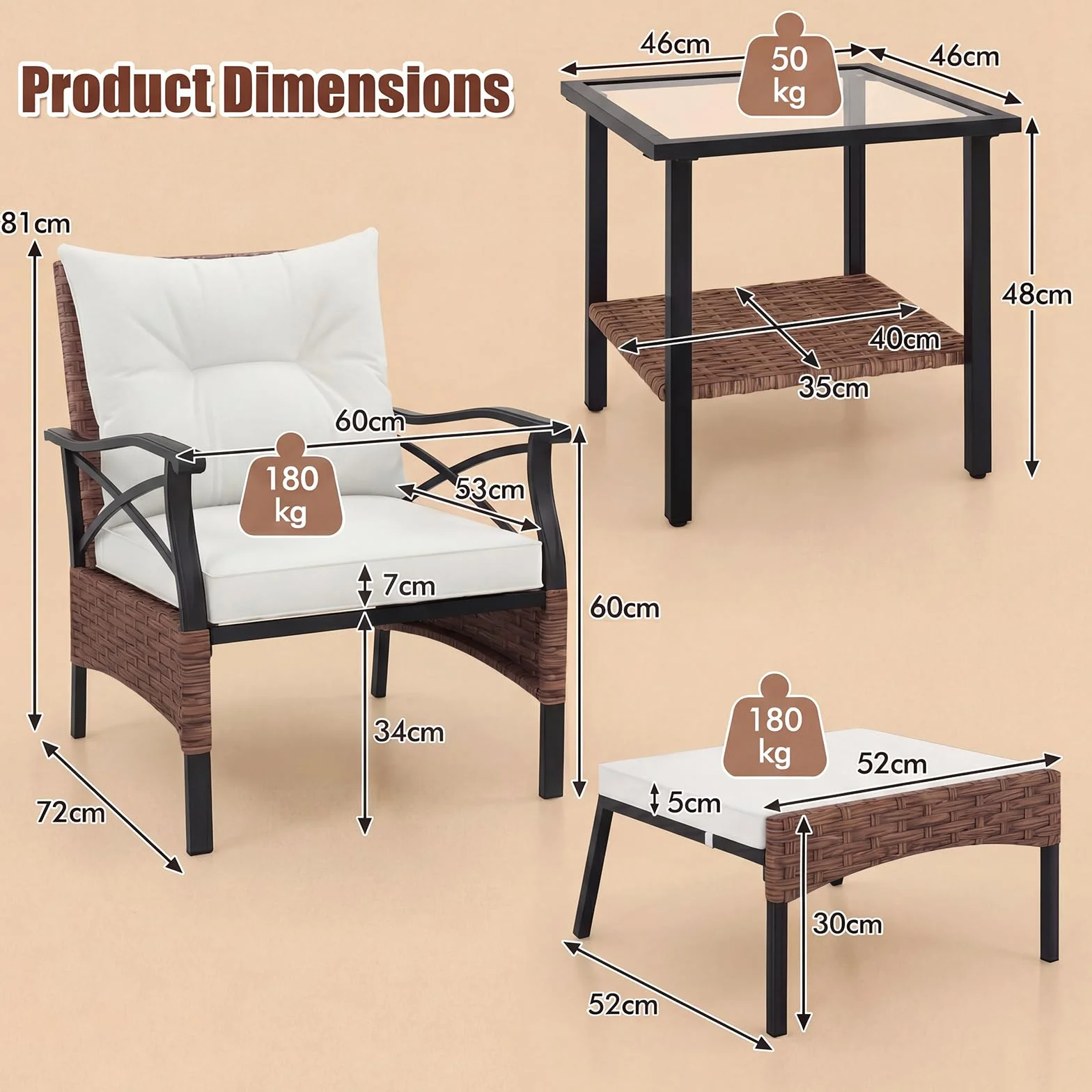 GIANTEX Conjunto Muebles Jardín Exterior de Ratán 5 Piezas, 2 Sillones, 2 Otomanas y Mesa de Vidrio, Cojines Extraíbles, para 2-4 Personas, Juego de Conversación para Patio Terraza (Marrón+Beige)