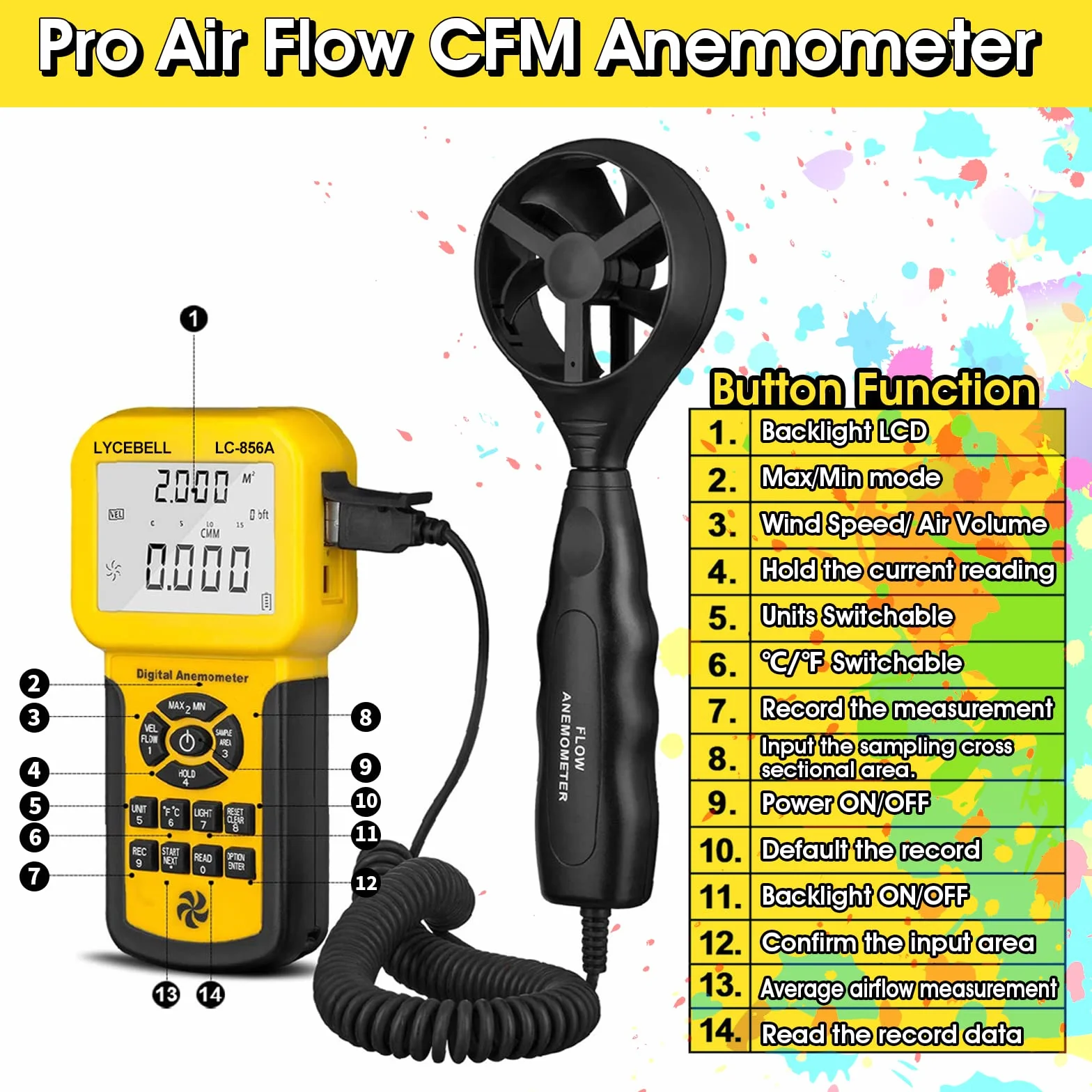 Anemómetro Digital de Mano, LC-856A CFM Medidor de Velocidad del Viento, Temperatura y Flujo de Viento, con registro de Datos 600 y Puerto USB, para HVAC Navegar Cometa Surf Pescar