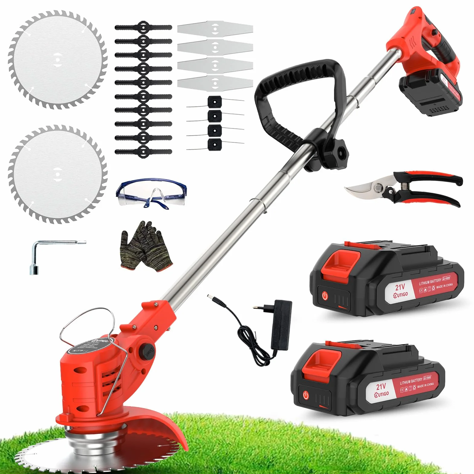 OUTIGO Cortadora de césped eléctrica inalámbrica, desbrozadora inalámbrica con 2 baterías y 4 Cuchillas, Recortar Malas Hierbas, césped Exterior y Ramas pequeñas, Decespugliatore Elettrico
