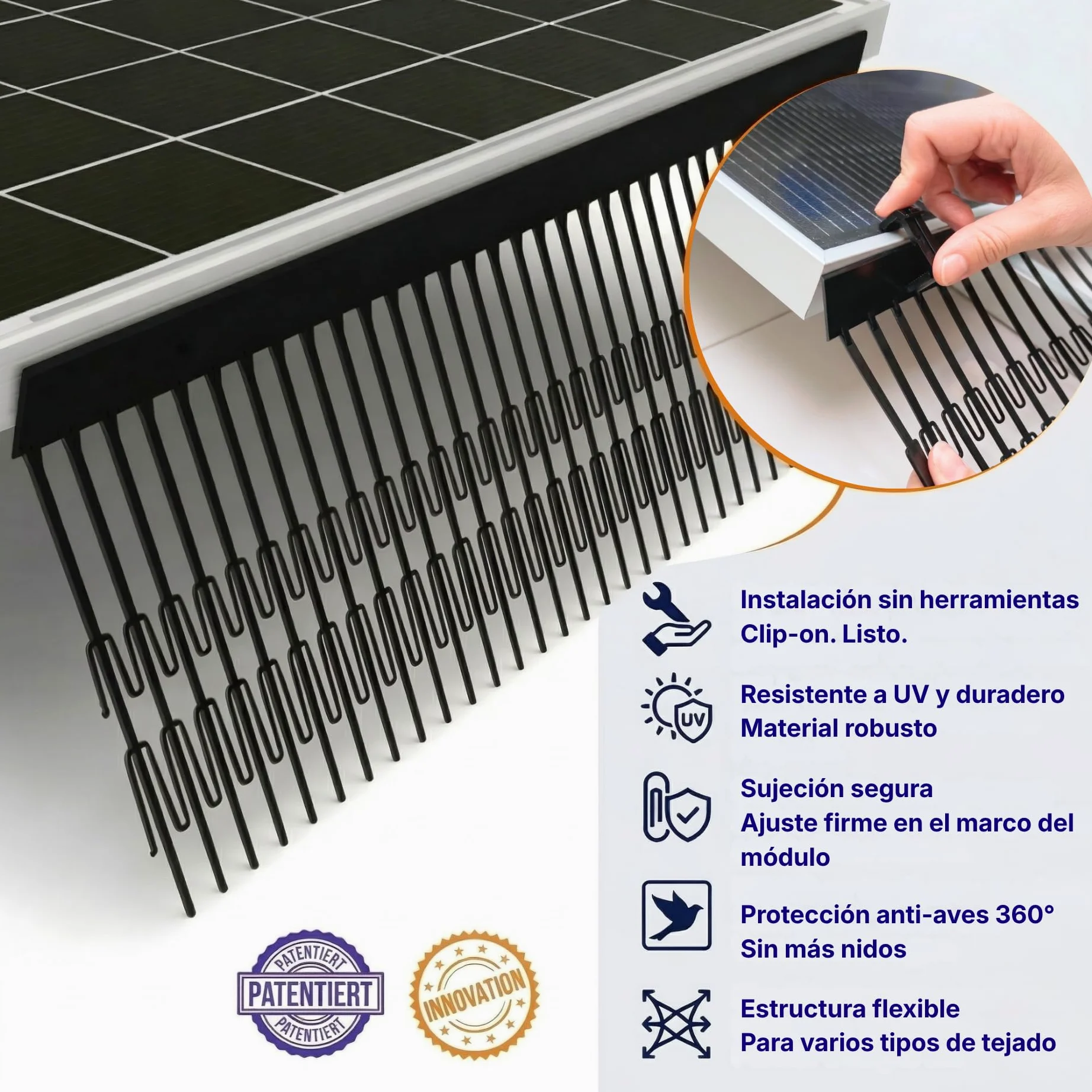 Repelente de Aves 40 m – C-Clip 30 mm – Extra Hoch 200 mm, Perimeter Segment Resistente a los Rayos UV para instalaciones solares