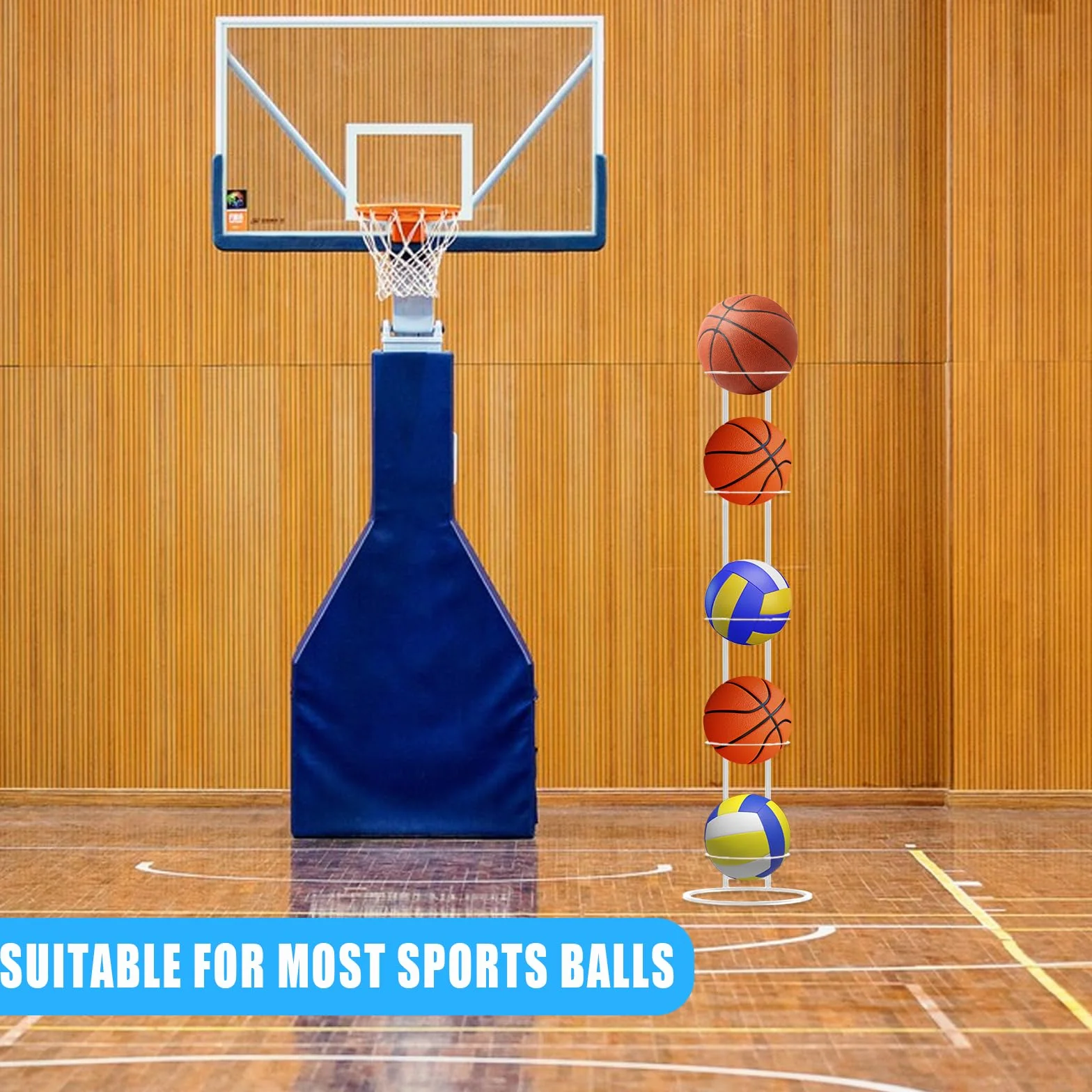 Soporte Balón Fútbol 5 Niveles Vertical con Bolsillo Malla Almacenamiento Hierro Extraíble Estable Baloncesto Fútbol Voleibol