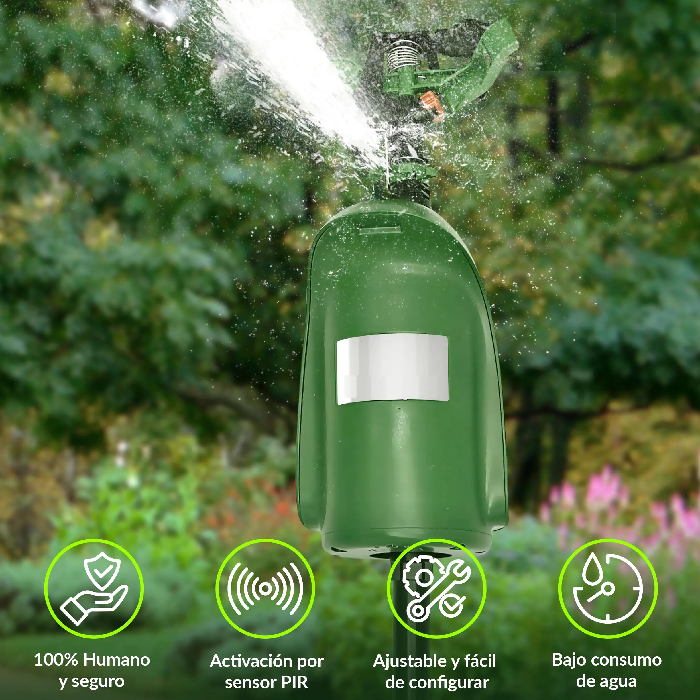 ISOTRONIC Repelente de Animales con Chorro de Agua — Ahuyentador de Gatos y Garzas con Detector de Movimiento 120° — Radio Ajustable para Jardín y Estanque — Defensa Eficaz (2 Unidades)