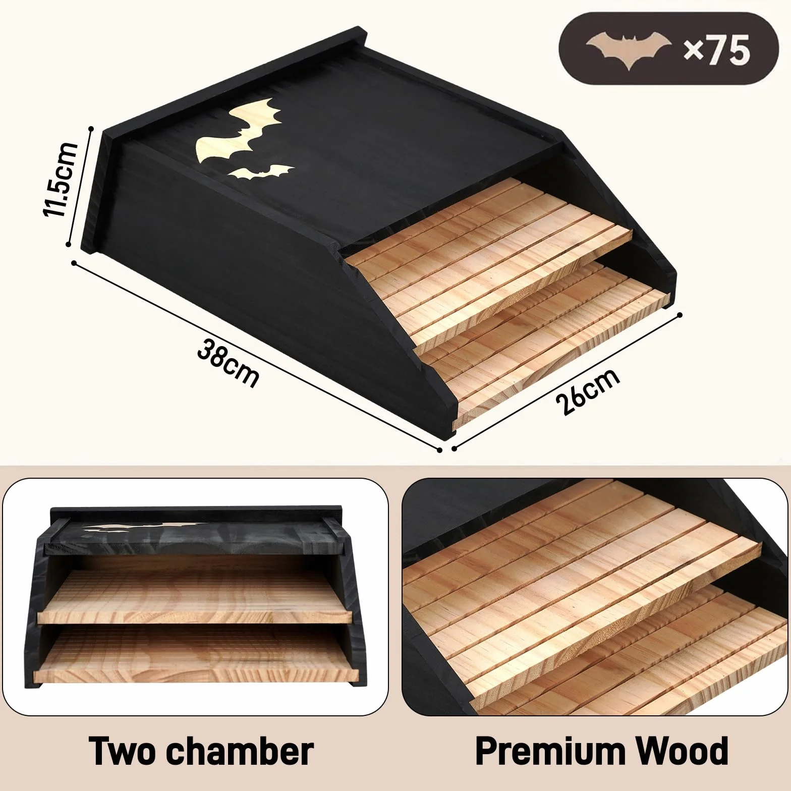 Caja para murciélagos de madera, doble cámara, resistente a la intemperie, casa de murciélagos y nido, listo para montar, caja de refugio para murciélagos en verano e hibernación, color negro