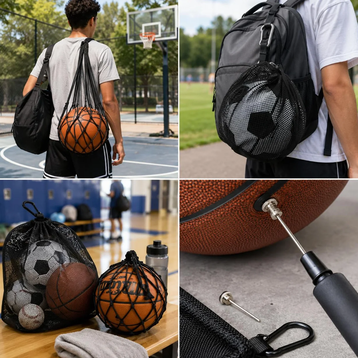 Bolsas de Red para Balones con Cordón y Gancho, Mochilas Portátiles para Baloncesto, Fútbol, Voleibol y Rugby, con Aguja de Inflado