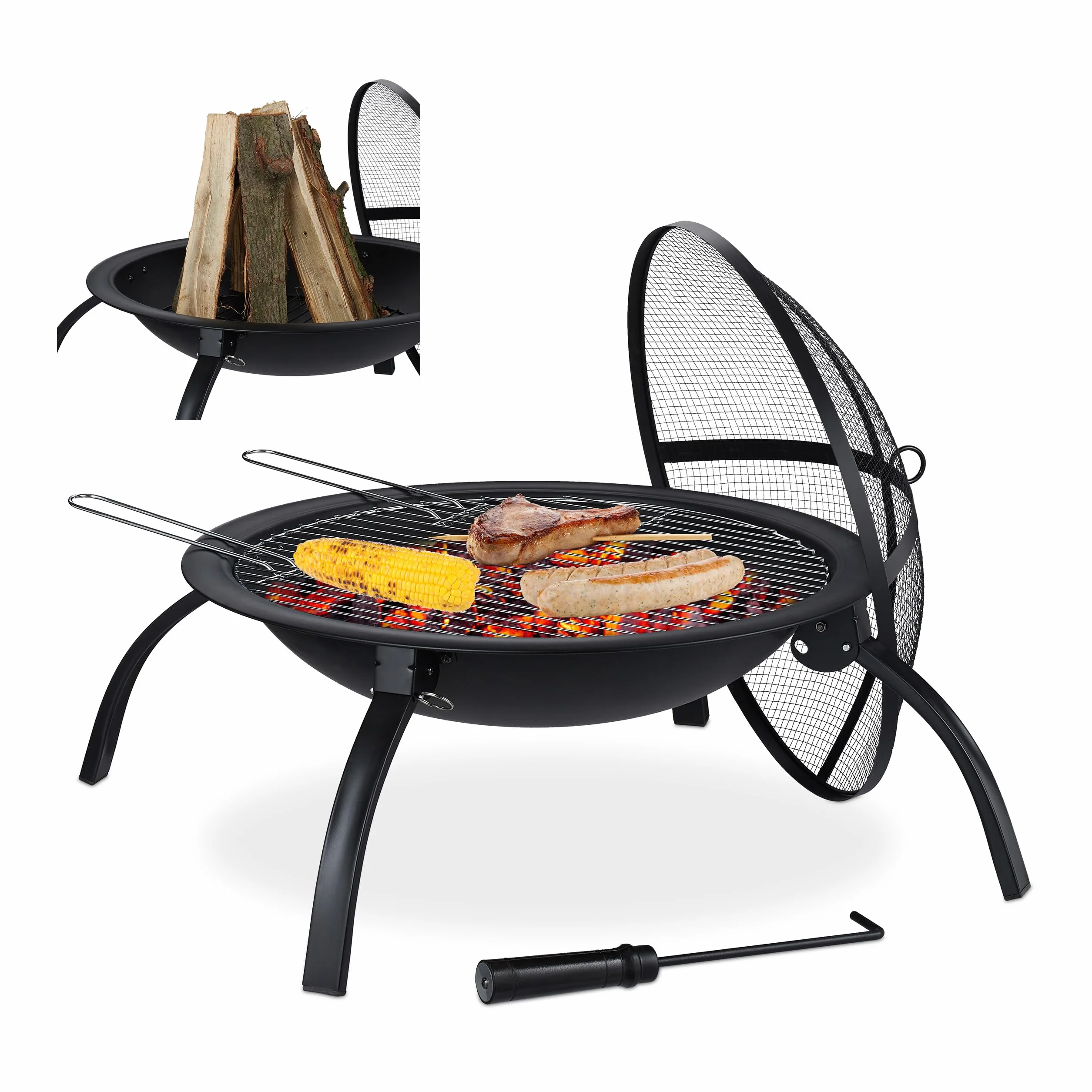 Relaxdays Brasero para jardín, Parrilla de Barbacoa, Atizador, Tapa contra chispas, Cuenco para hogueras, 56,5 cm, Negro
