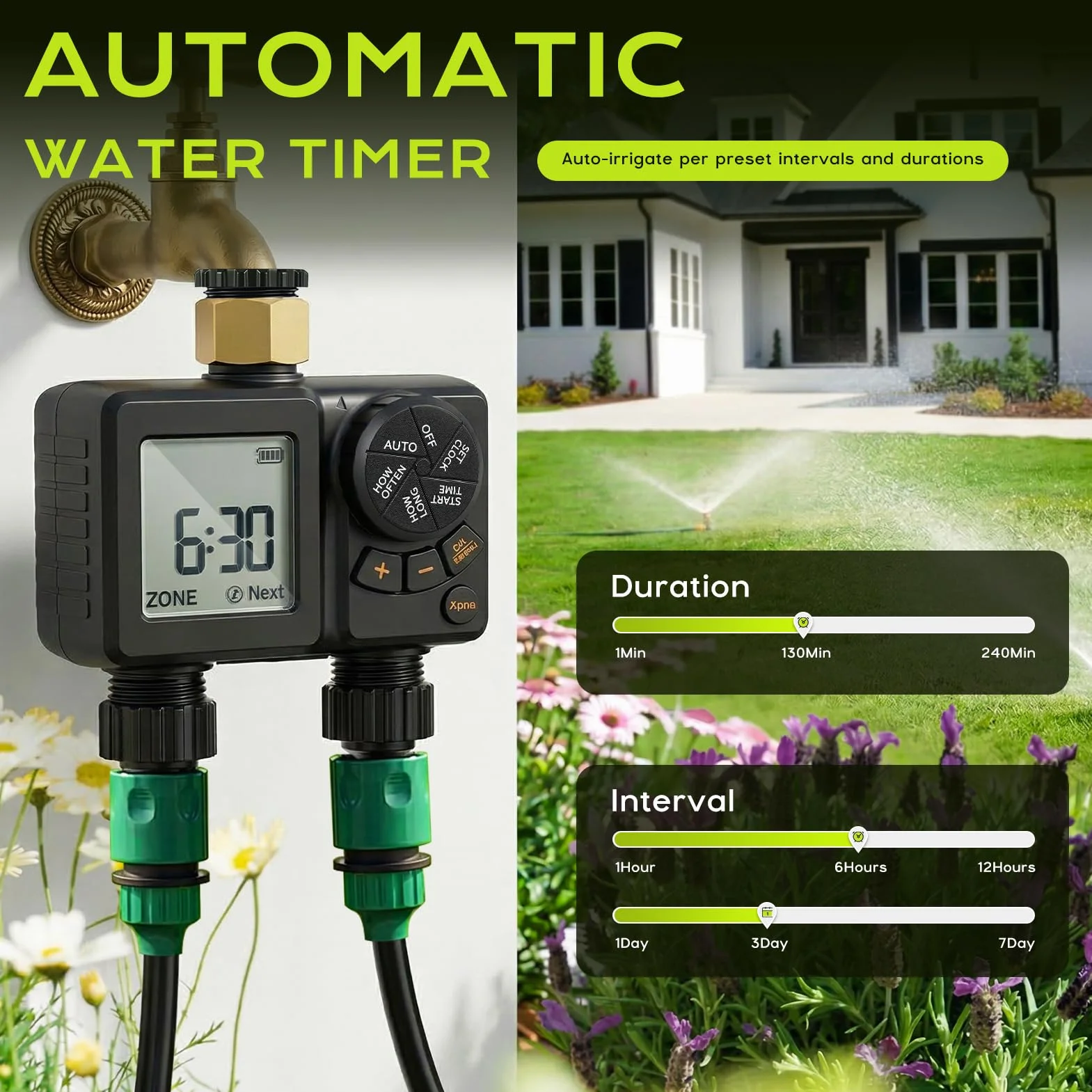 Programador de Riego 2 Salidas, 2000mAh Recargable IPX6 Impermeable Temporizador Riego con Entrada de Latón, LCD 2.8", Retardo por Lluvia, Riego Automático y Manual para Jardín, Patio, Césped