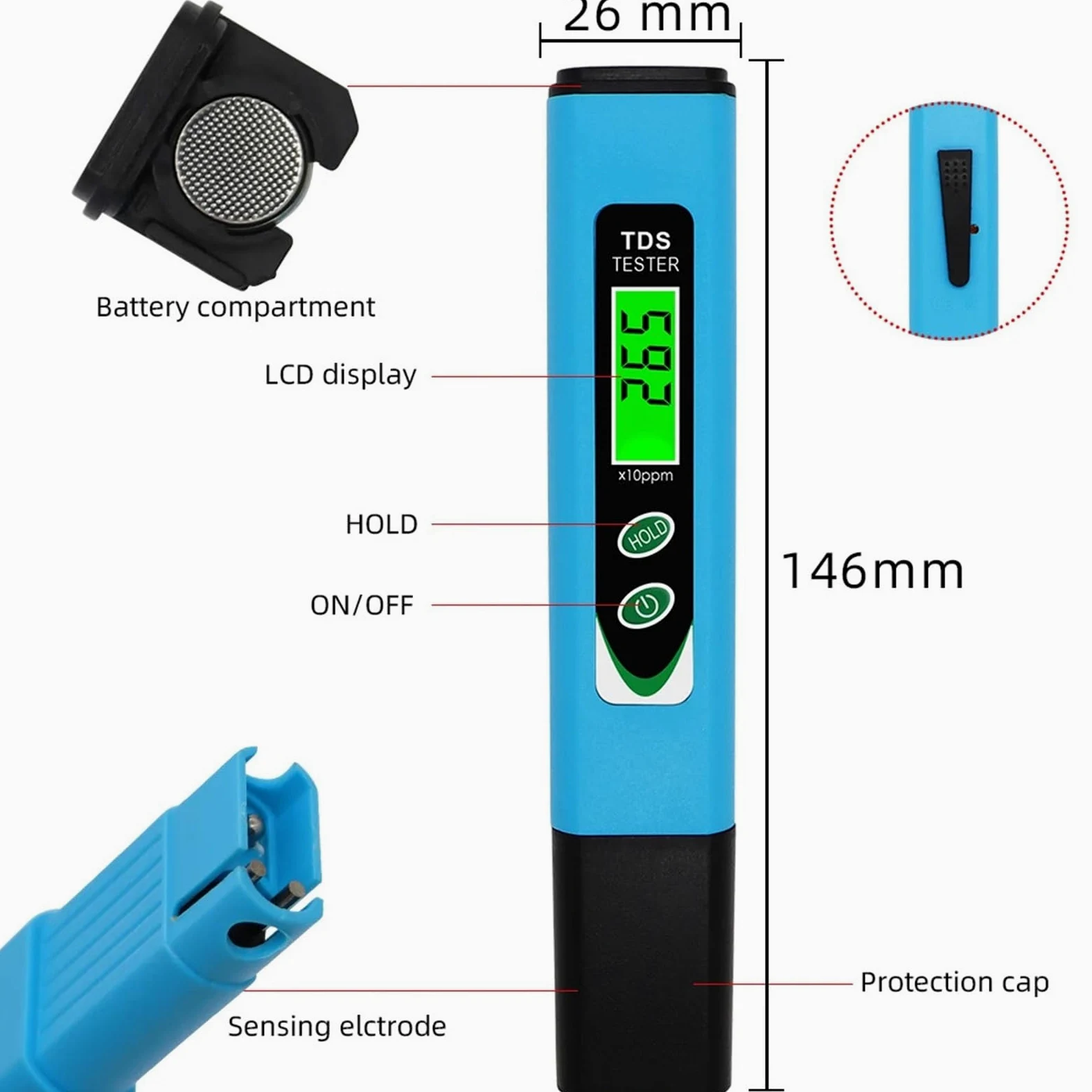Probador de agua, Medidor digital de temperatura TDS (ppm) 0-9990, analizador calidad del agua bolsillo, bolígrafo for piscinas, acuarios y potable
