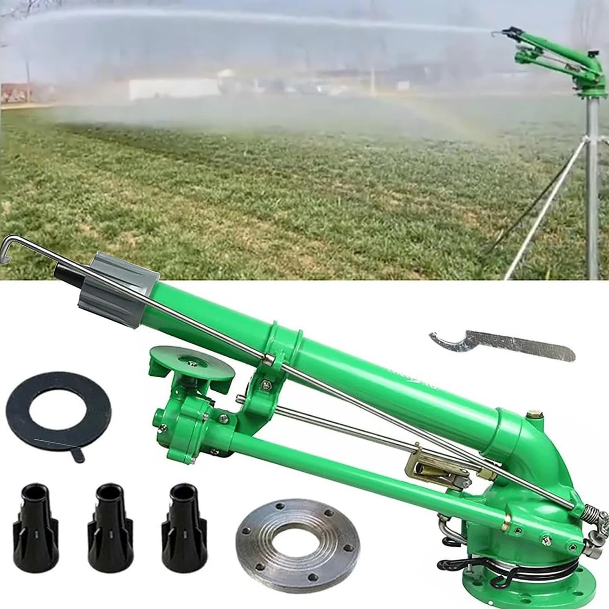 Aspersor de riego, pistola rociadora de césped con juego de boquillas de repuesto, rango de agua de 26-53 m para riego de tierras agrícolas y eliminación de polvo