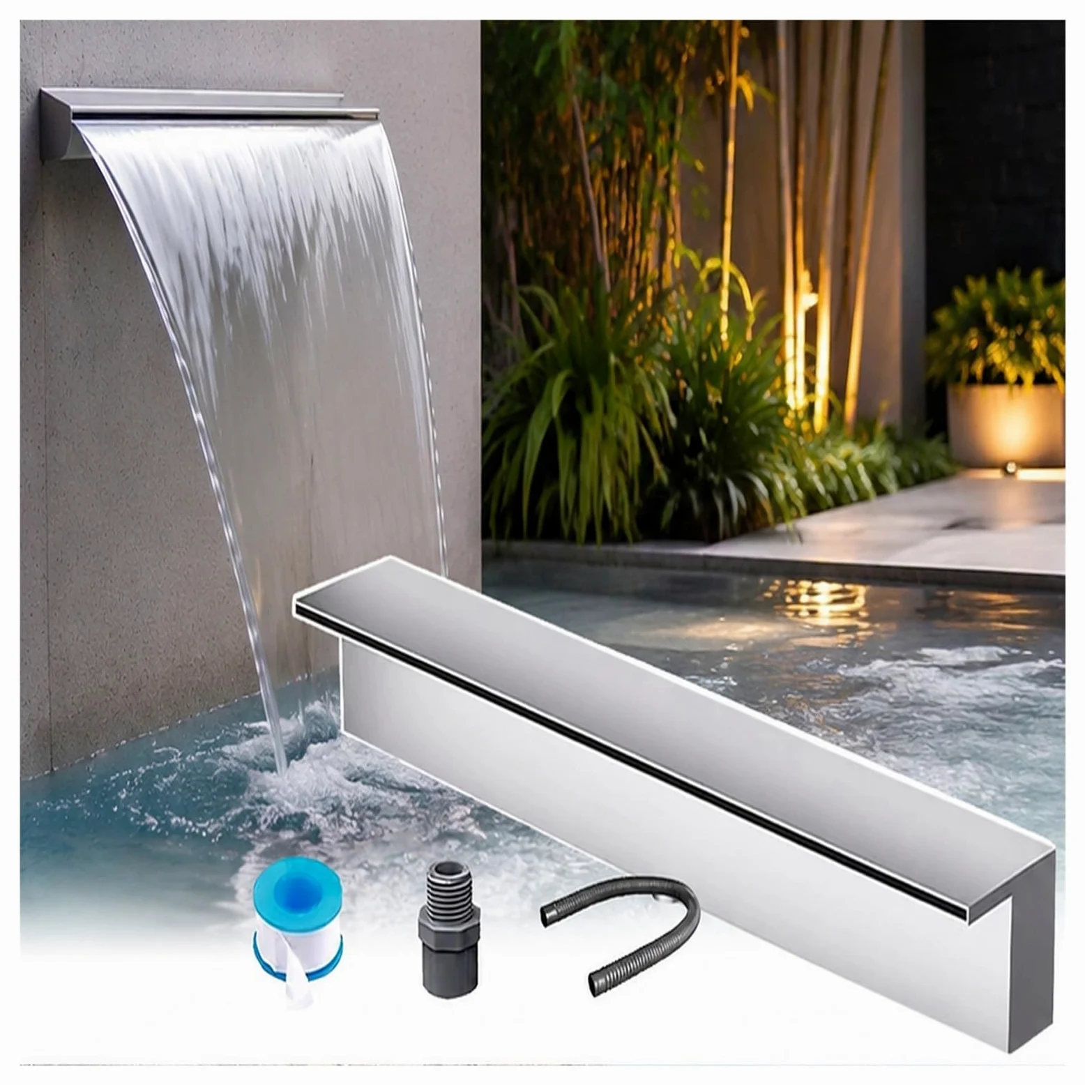 Integrado Cascada Para Estanque Jardín Para Jardín Estanque De Carpas Koi | Desagüe Para Cascada De Piscina De Acero Inoxidable 304, Conector PVC, Cinta De Sellado Tubo Flexible(Outlet W 32"/81cm)