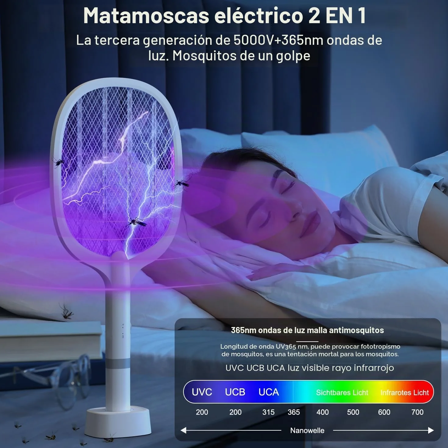 5000V Raqueta Matamoscas Eléctrica, 2 en 1 1800mAh Mata Mosquitos Electrico USB Recargable, Raqueta eléctrica con Luz Ultravioleta para Matar Mosquitos
