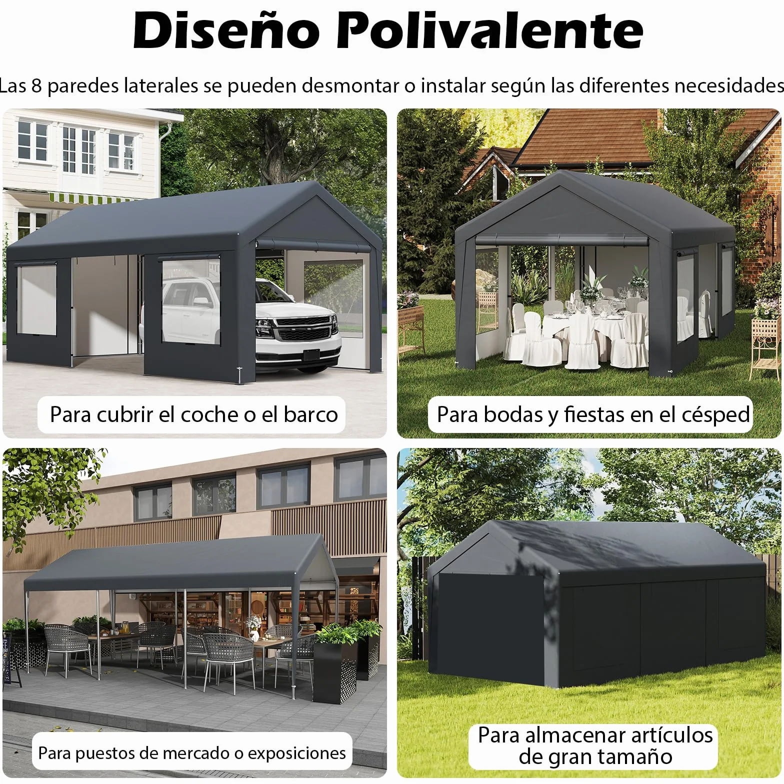 COSTWAY Garaje Exterior para Coche 5,95 X 3 m, 8 Paredes Laterales Desmontables, Puertas Enrollables, Ventanas Ventiladas, Carpa para Garaje para SUV Camión