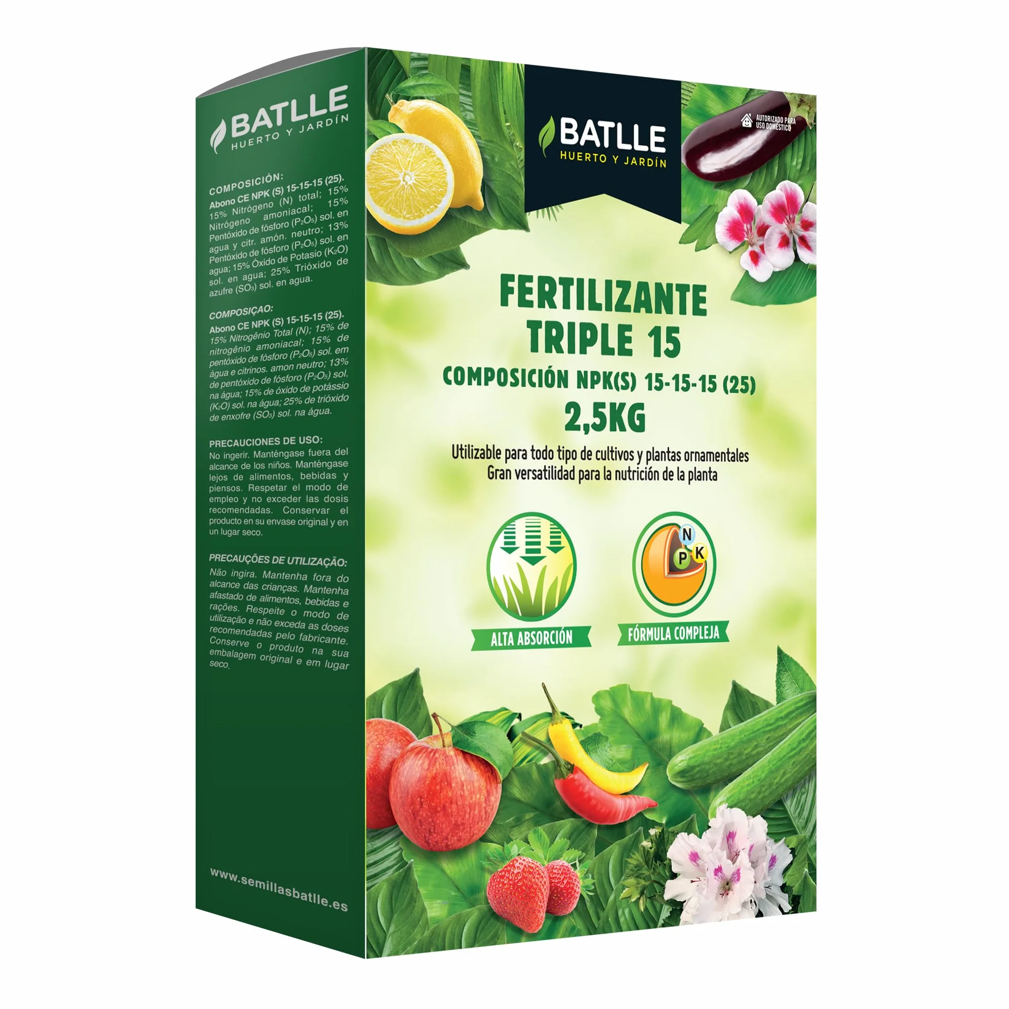 Semillas Batlle Fertilizante Triple 15 NPK 15-15-15 + Mg con Micronutrientes – Abono Granulado Completo 2,5 kg para Huerto, Jardín y Árboles