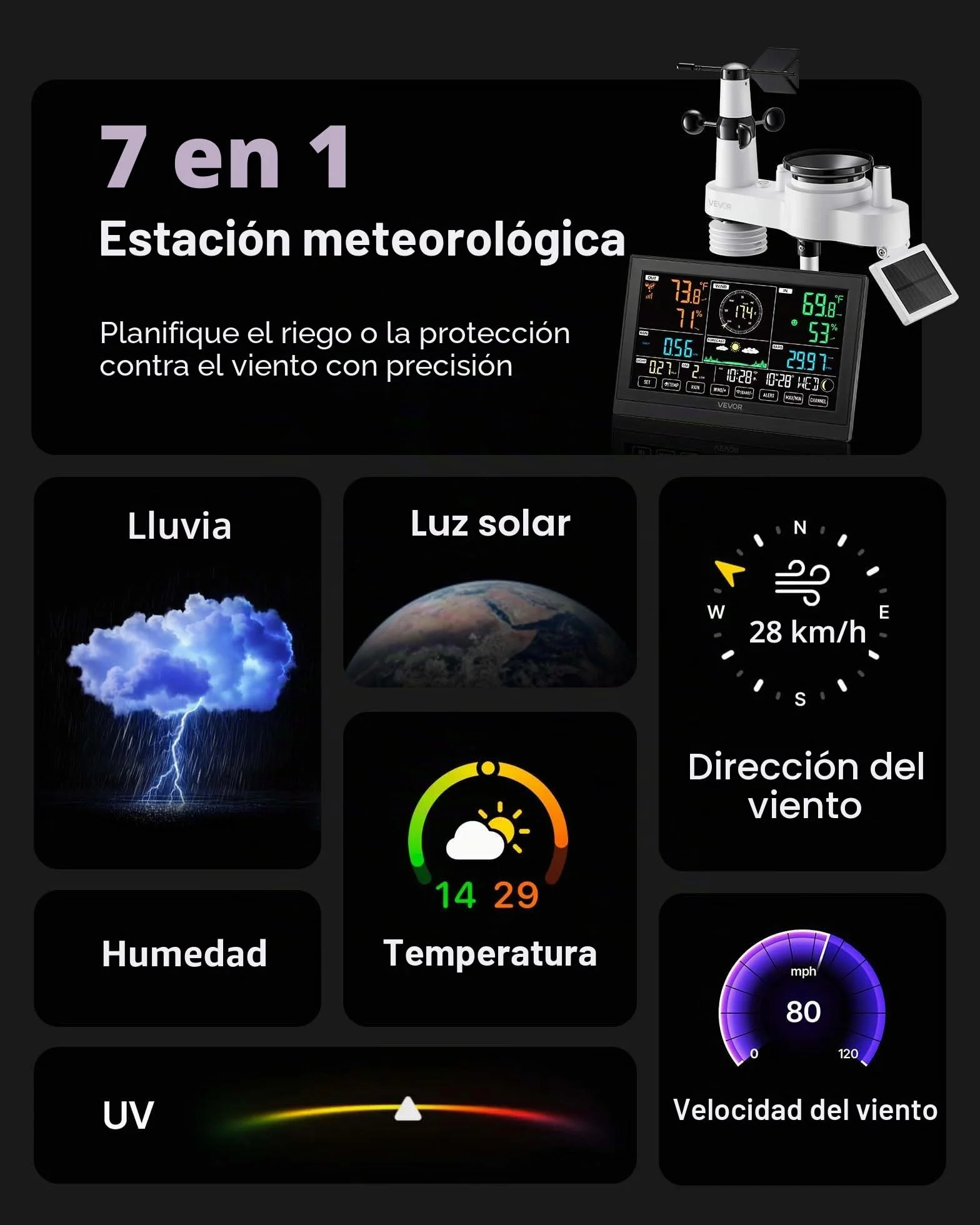 VEVOR Estación Meteorológica Wifi 7 en 1, con App, Pantalla VA de 190,5 mm, Sensor Solar Inalámbrico, Pluviómetro, Pronóstico del Tiempo, Velocidad del Viento, Temperatura, Humedad y Precipitación