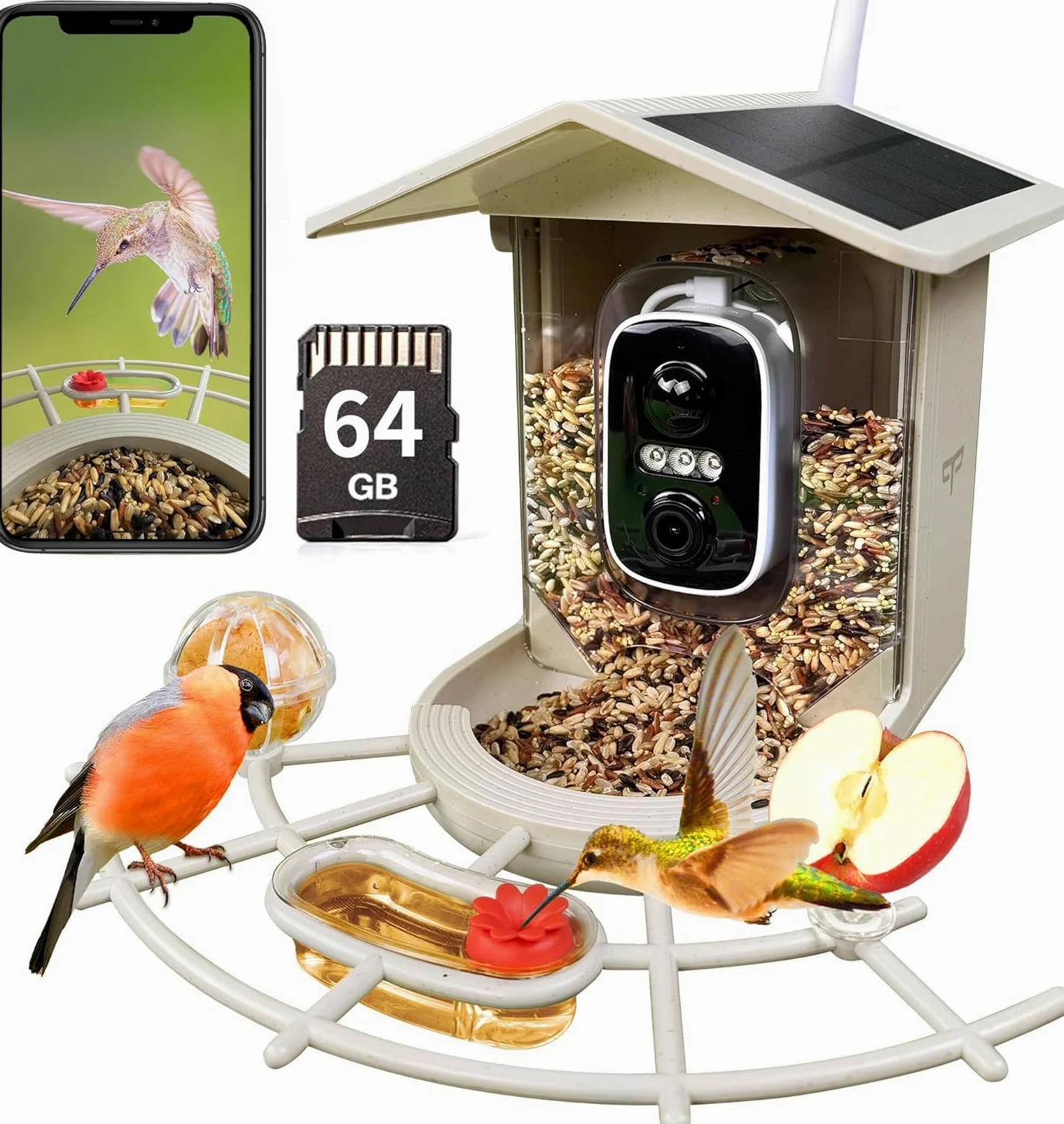 Origem Comedero Pájaros Exterior con Cámara 2K Solar, Tarjeta SD 64 GB | Comedero inteligente 1,7 L, cámara con visión nocturna, identificación IA de aves, IP65 y avisos instantáneos al móvil