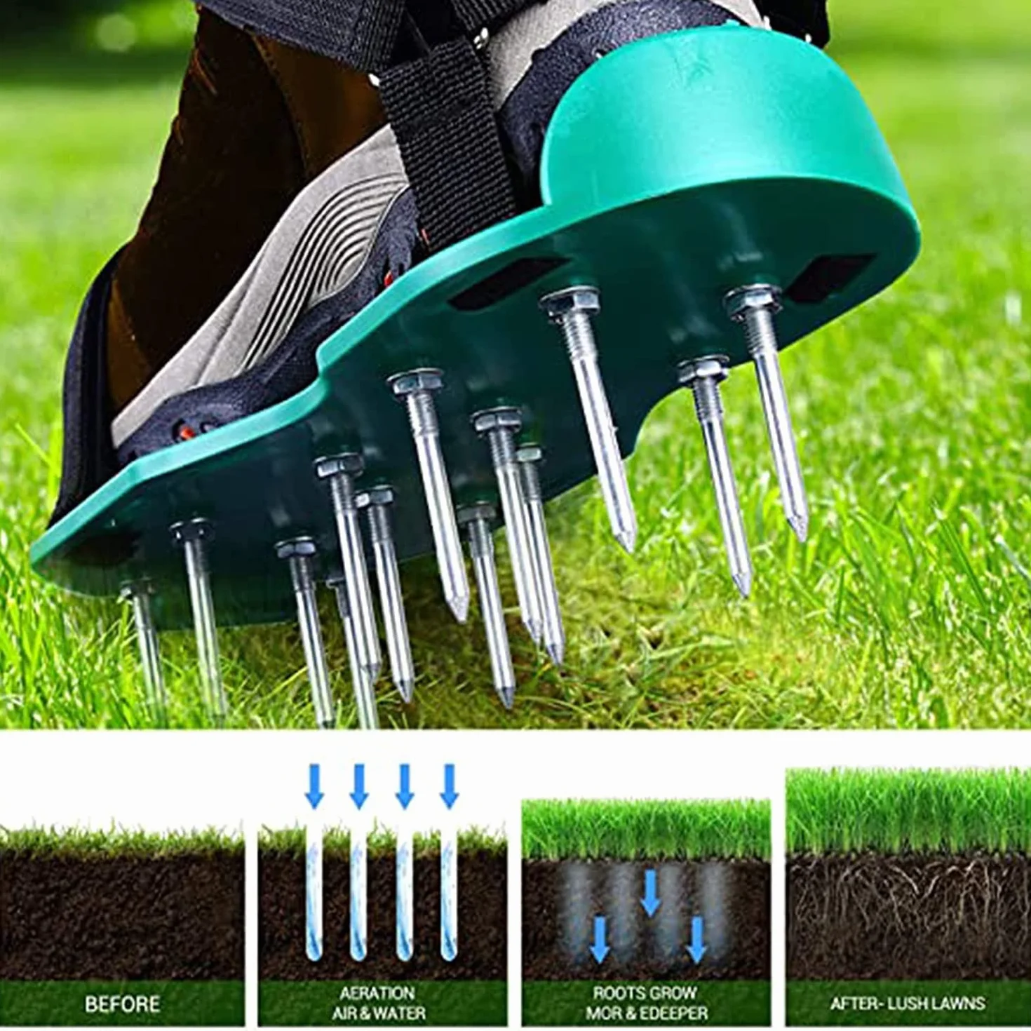 Aireador de Césped Zapatos Sandalias de Pinchos de Metal Hebillas y Correas 3 para Airear el Césped o en el Patio (Verde)