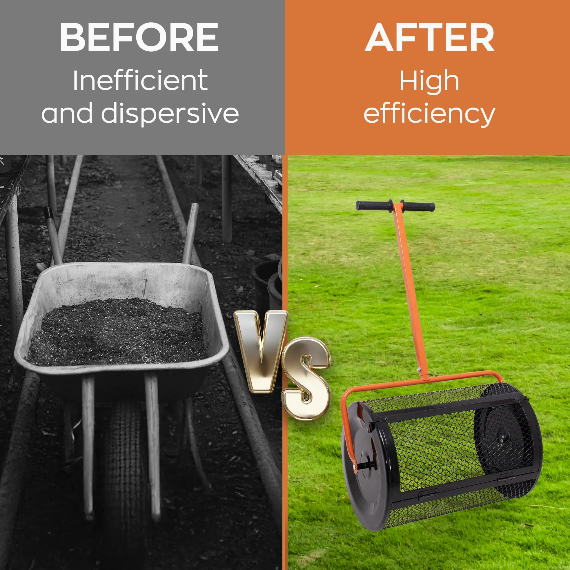 BOUDECH Spreader – Esparcidor de rodillo de jardín 60 x 107 x 39,5 cm para abono y siembra, jaula de metal naranja