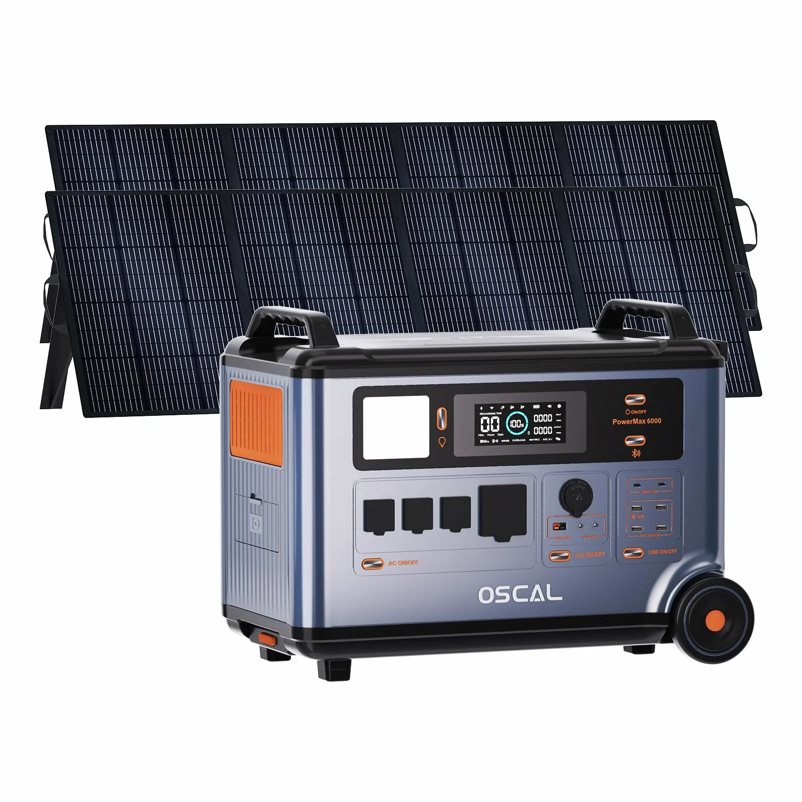 PowerMax 6000 Generador Solar 6000W (9000W Pico) con 2x Panel Solar 400W, 3600Wh Estación LiFePO4, Carga Rápida 2200W, UPS 5ms, 14 Salidas, Control APP, para Hogar, Jardín, Autocaravana