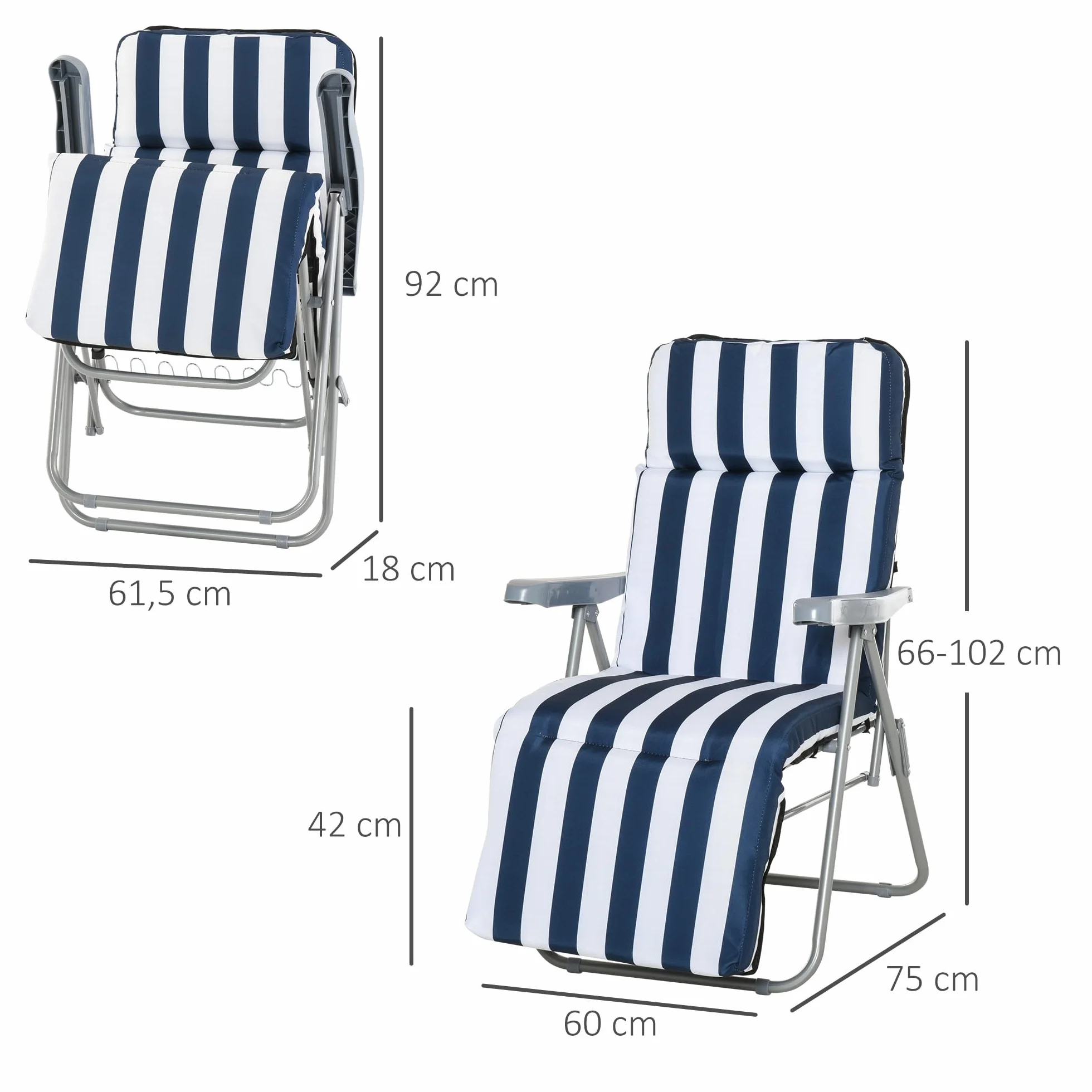 Outsunny Pack de 2 Tumbonas Plegables Tumbonas de Jardín Exterior con Cojín Acolchado, Respaldo Ajustable en 5 Posiciones, Reposapiés y Marco de Acero, 60x75x65-102 cm, Azul y Blanco