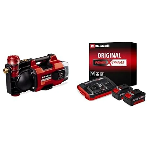 Einhell Bomba de jardín con batería AQUINNA 18/30 F LED Power X-Change 18 V, caudal máx. 3000 l/h, 2 ranuras de batería, duración doble + Einhell Starter Kit 2 x 4 Ah Battery and Twincharger 18 V