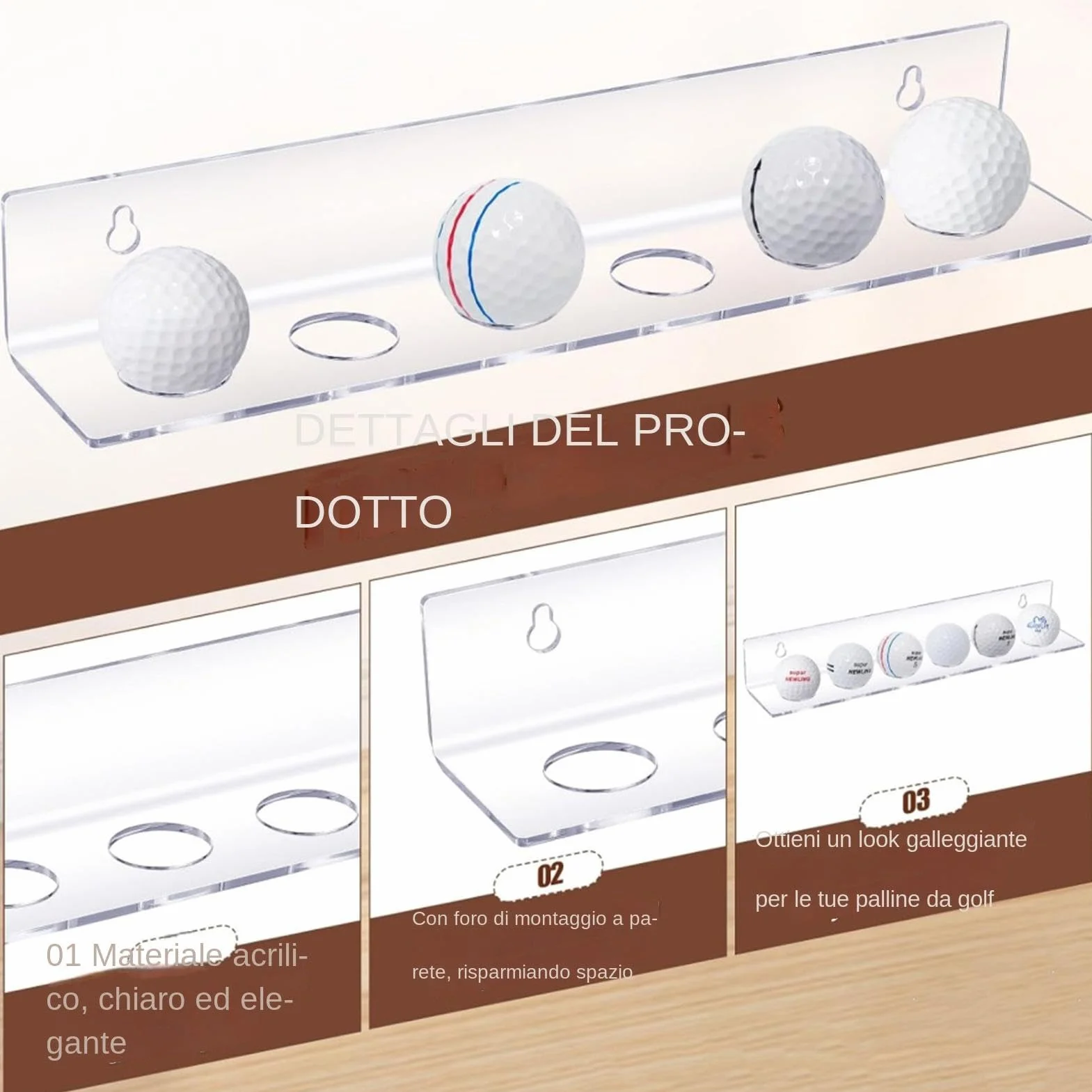 Estante flotante para pelotas de golf – Expositor de pared transparente para 6 pelotas de softbol